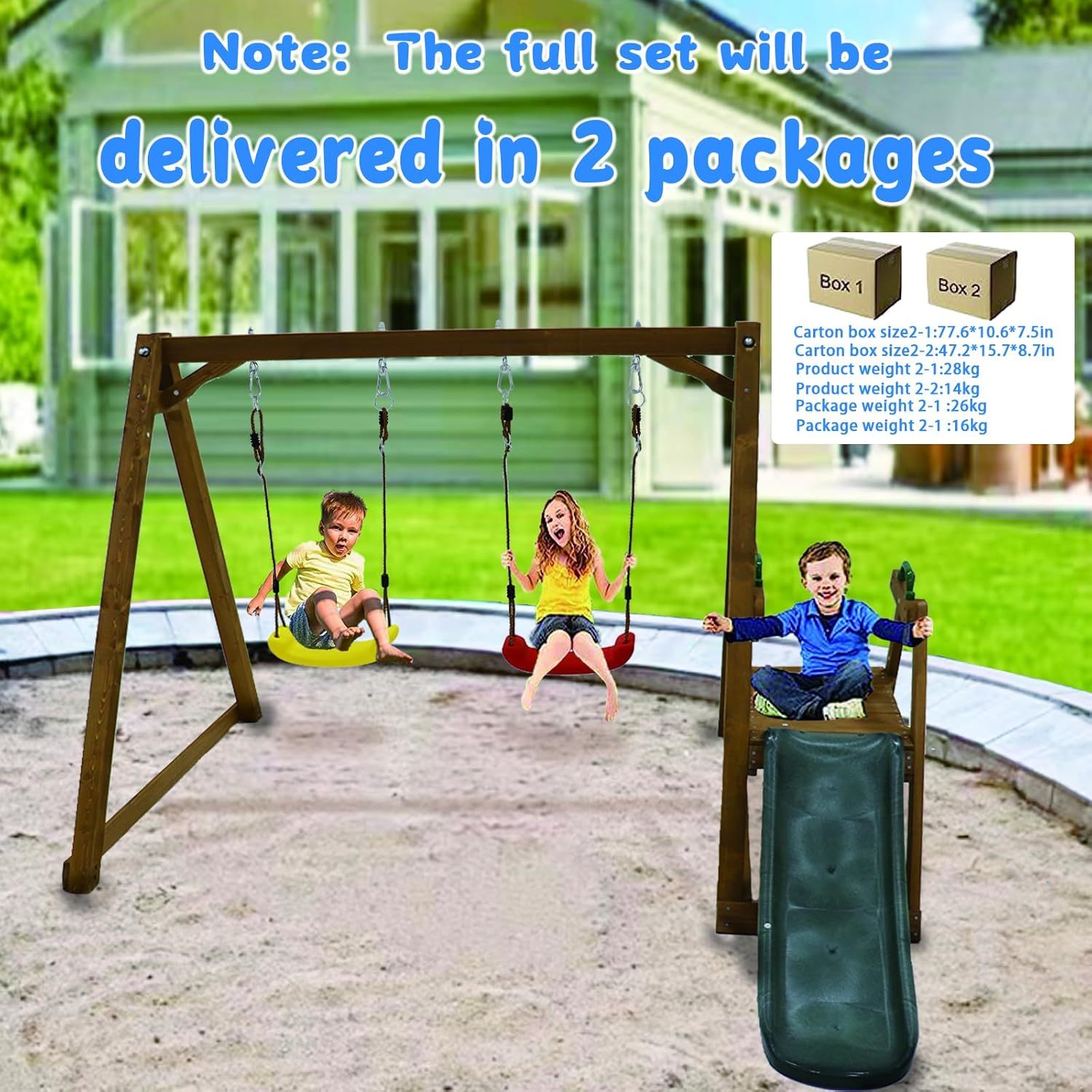 Kids Swing Set Outdoor and Slide - Sturdy Solid Wood Swing Frame with Climbing Ladder - Natural