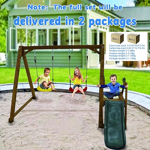 Miniatura 2 de Juego de columpios para niños para exteriores y tobogán, marco de columpio de madera maciza resistente con escalera de escalada, color natural