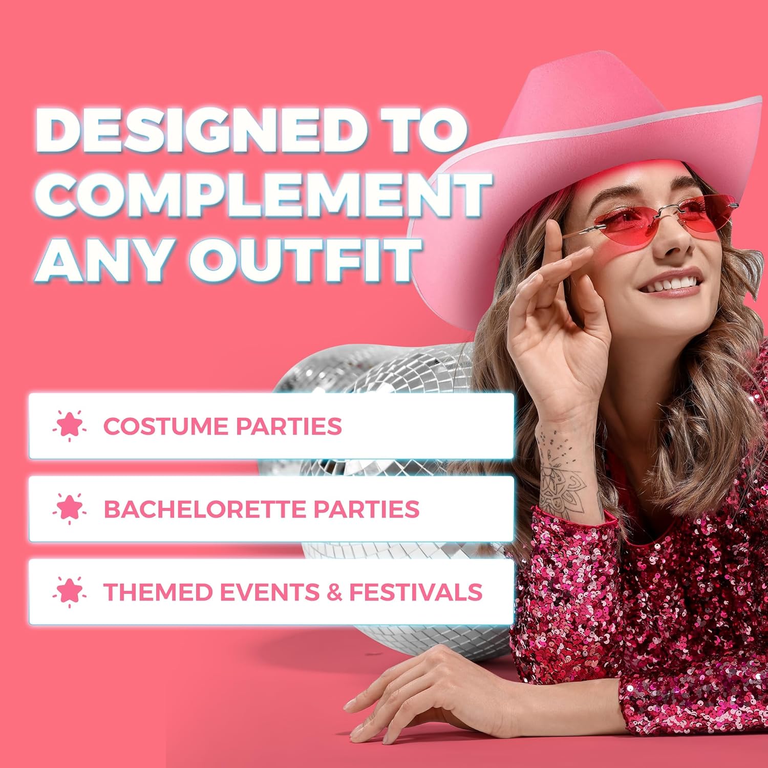 Bedwina Pink Cowgirl Hat for Women & Girls - Felt Western Cowboy Hat with White Trim & Adjustable Chin Strap - Bachelorette, Dress-Up, Rodeo, Costume Accessory, Party Favor, Themed Events - Image 7