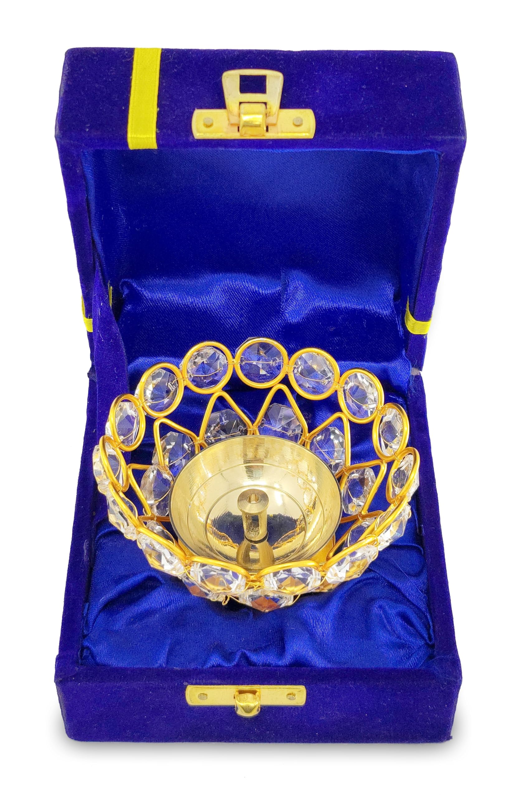 NOBILITY Gold Crystal Diya with Blue Velvet Gift Box Home Decoration Chrystal Piyali Dia Pooja Items Puja Gifts Handmade Oil Lamp Traditional Indian Dhanteras Deepawali Diwali Gift Items 6 Pcs