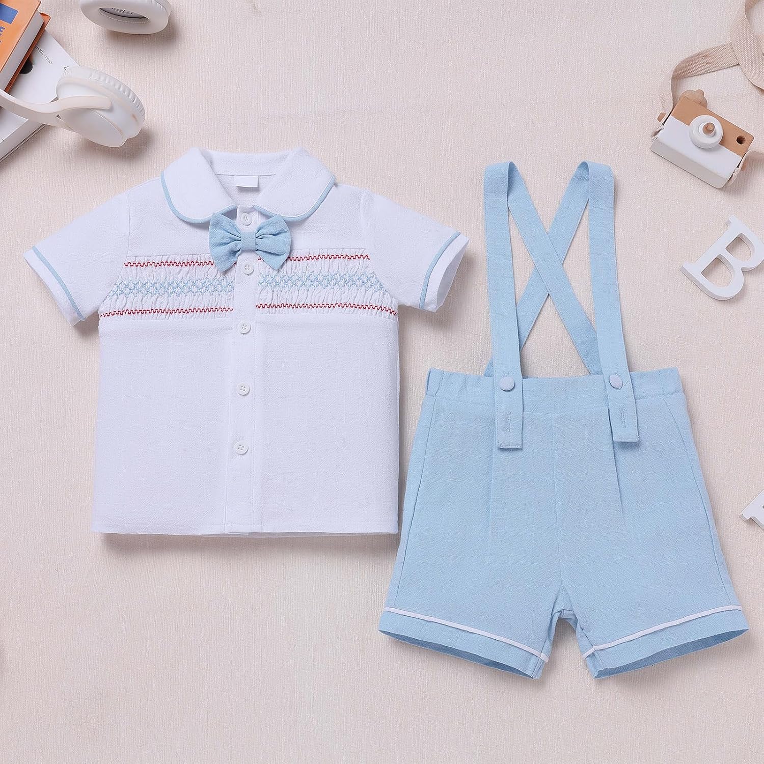 IDOPIP Toddler Baby Boy Easter Outfit Gentleman Bowtie Shirt Suspender Shorts Sets for 1-5T Boys Formal Suit Birthday Party