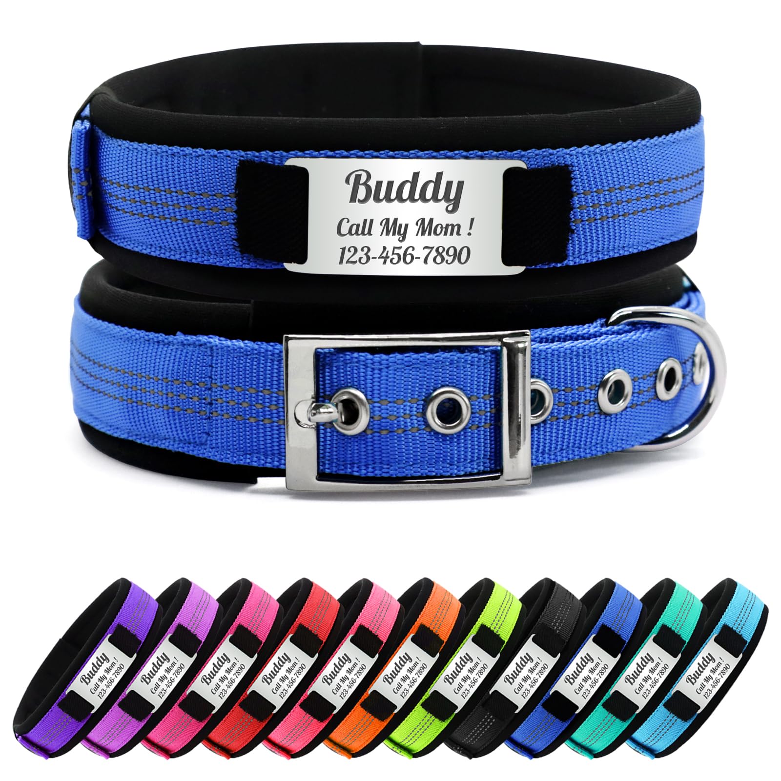 Nylon Reflective Personalised Dog Collar with Name, Customisable Dog Collar with Metal Belt Buckle, Soft Comfort for Pets - Matching Lead Available (Blue)