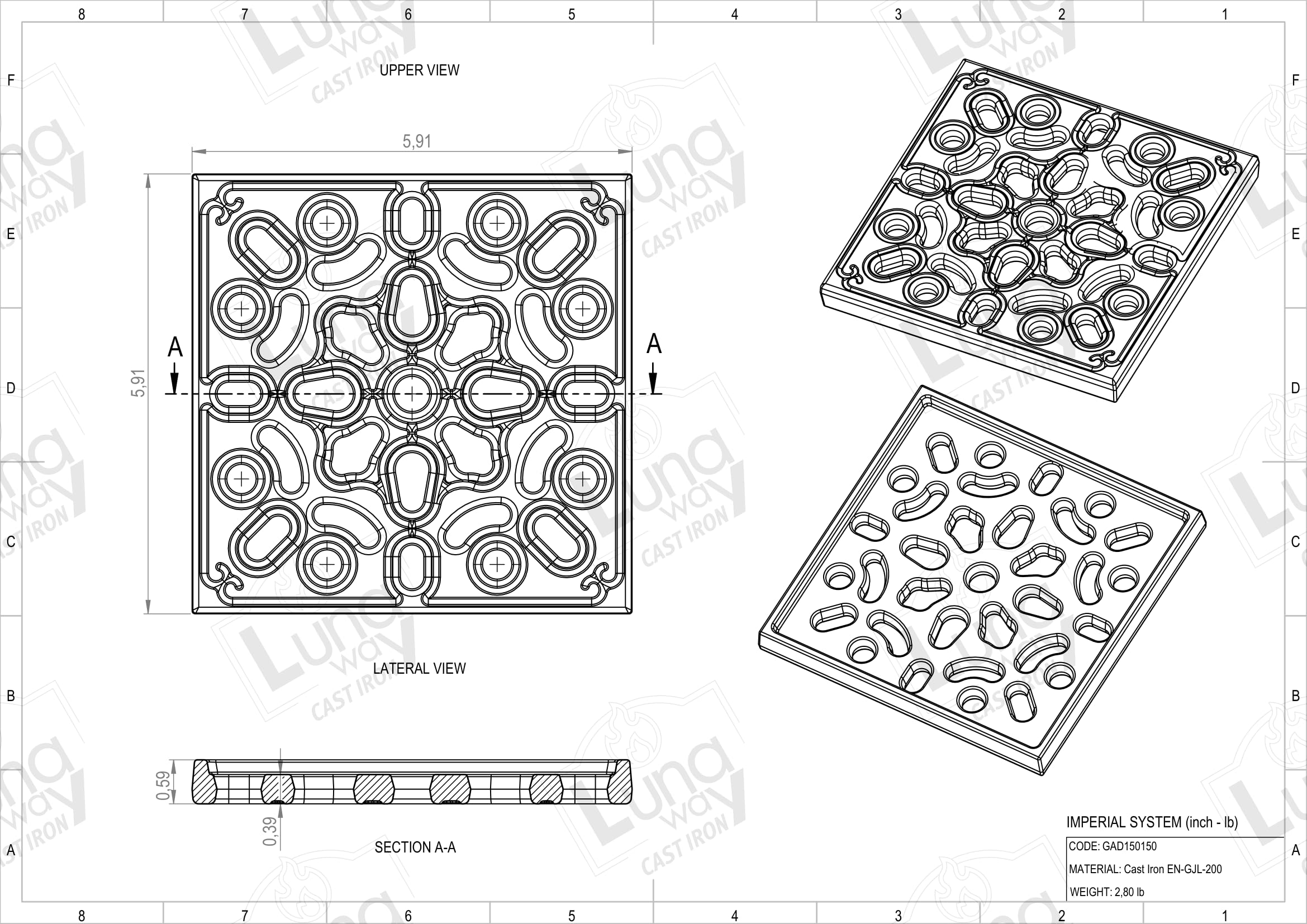 Lunaway - Rejilla de ventilación Decorada de Hierro Fundido para Chimenea y Estufa | Grosor perimetral 1,5 cm | Grosor Central 1 cm (15 x 15 cm)