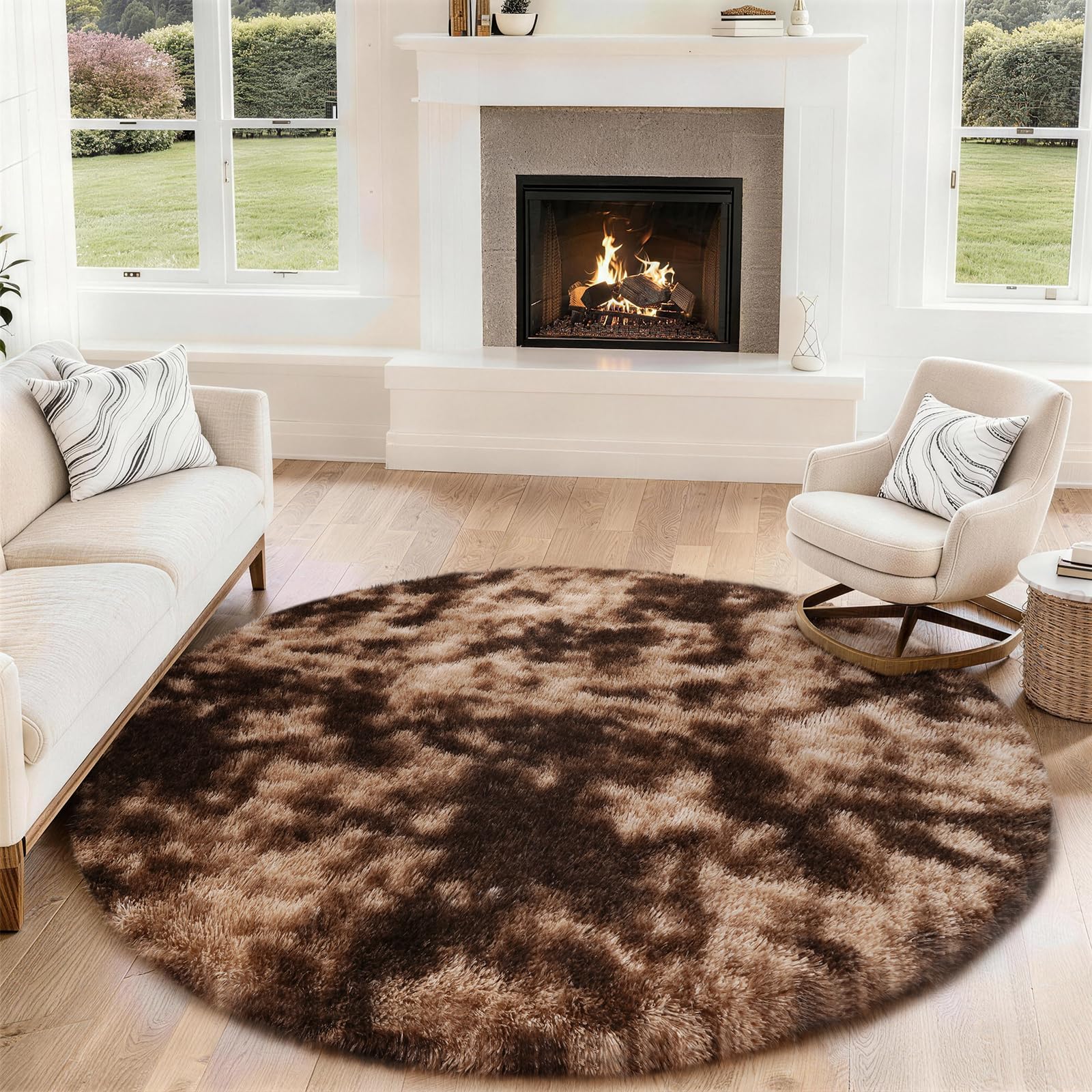 SOANNY Round Rugs Living Room, Large Soft Fluffy Tie-Dye Circle Carpet, Non-Slip, Machine Washable for Bedroom, Dorm, Bedside, Lounge, Nursery, Playroom, 160 cm, Brown — image 1