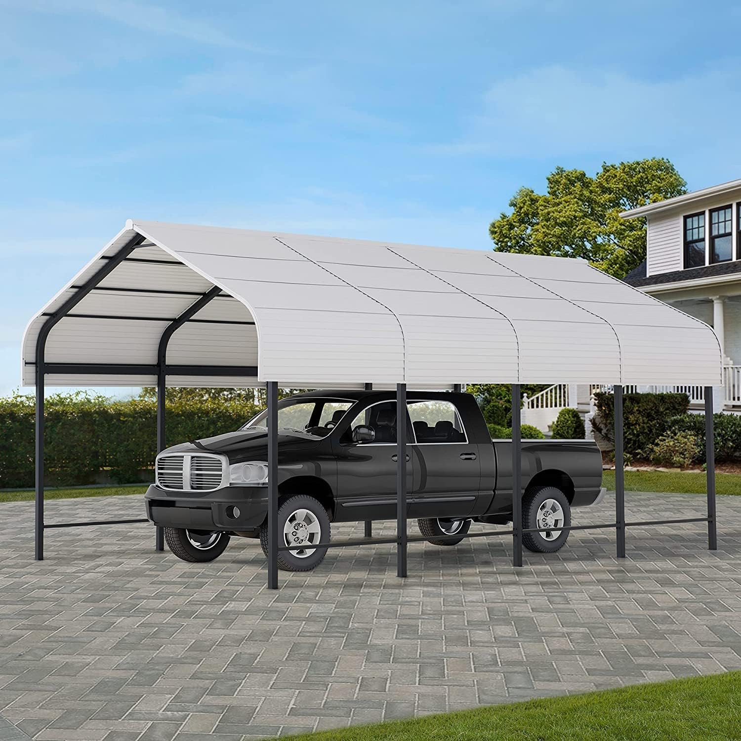 SUNJOY Carport 12 x 20 ft. Hardtop Gazebo, Heavy Duty Garage Car Shelter with Powder-Coated Steel/Aluminum Roof and Frame, Gambrel Roof Carport for Car, Boat, Trailer and Outdoor Equipment