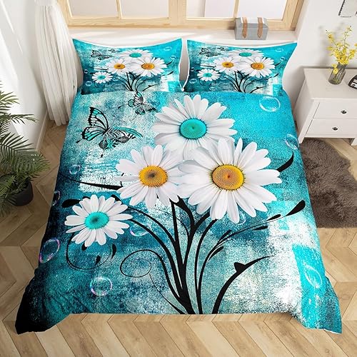 Funda de edredón de margaritas para niños y adultos, juego de ropa de cama de pintura al óleo verde azulado, tamaño King, funda de edredón rústica