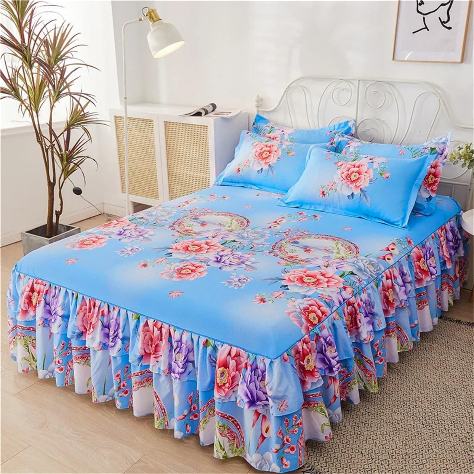 3pcs Bedding Simple Flower Bed Skirt With Pillowcases Wedding Bedspread Bed Sheet Mattress Cover(Color-07,3pcs 180x200cm)