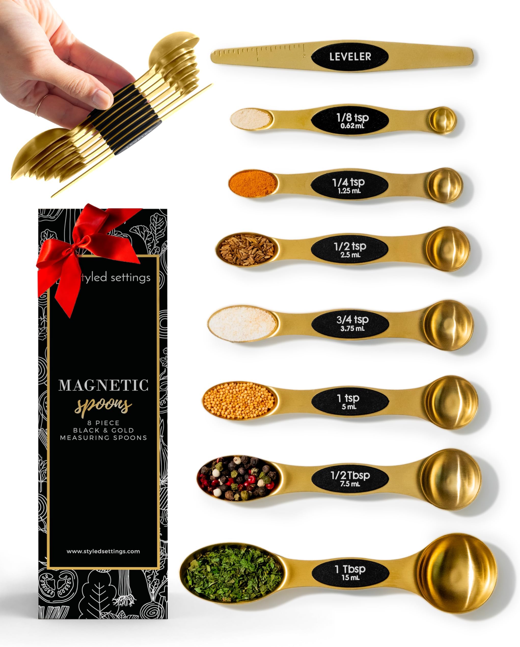 Magnetic Measuring Spoons Set โ Stainless Steel Gold Measuring Spoons for Cooking and Baking โ Cute and Durable Gold Kitchen Accessories - Great for Gifting