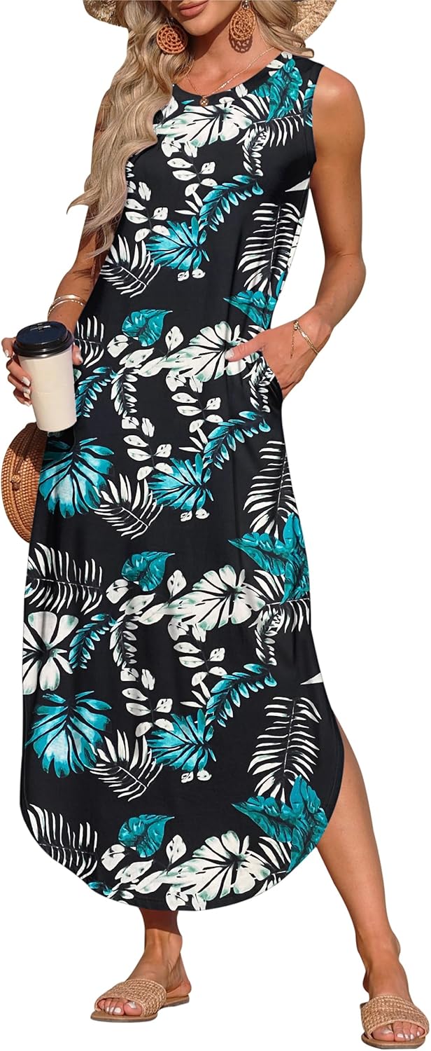 AUSELILY Womens Summer Dresses 2025 Casual Sleeveless Maxi Dress Loose Crewneck Sundresses Split Long Tank Dress with Pockets