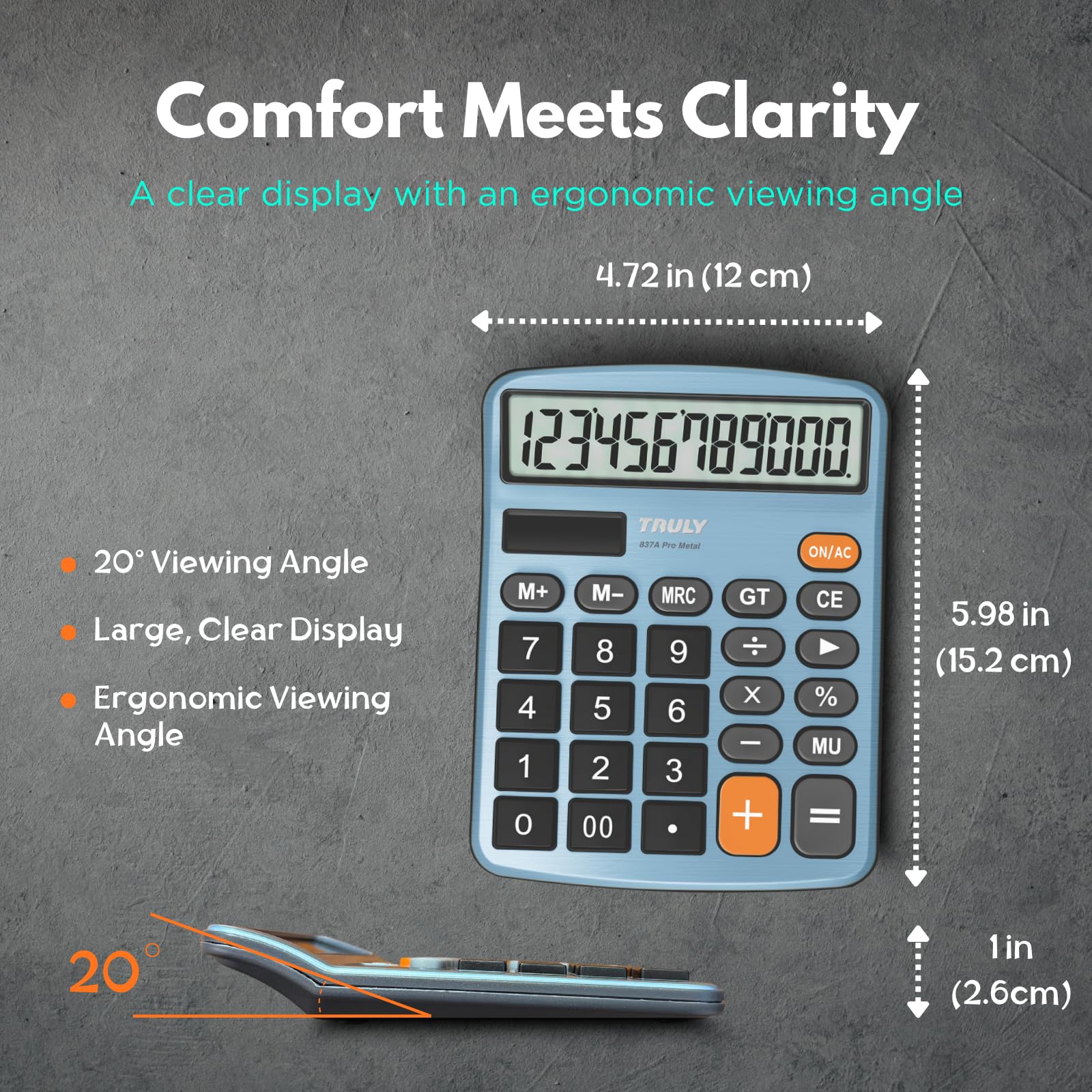 TRULY Calculadora de escritorio de 12 dígitos con pantalla grande, botones grandes, doble alimentación (solar + batería), acabado metálico, ideal para oficina, hogar, escuela - 837A Pro azul claro
