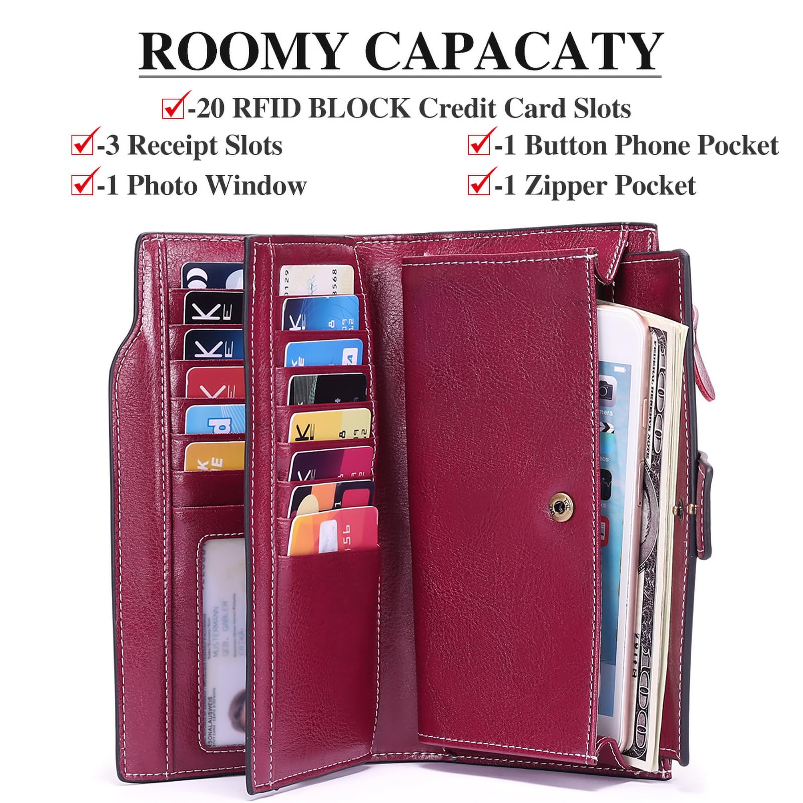SENDEFN Portefeuille Femme Cuir Grande Capacite Porte Monnaie Femmes RFID Blocage,Porte-chéquiers Femmes Grande Capacité Fermeture Eclair Longue Portefeuille
