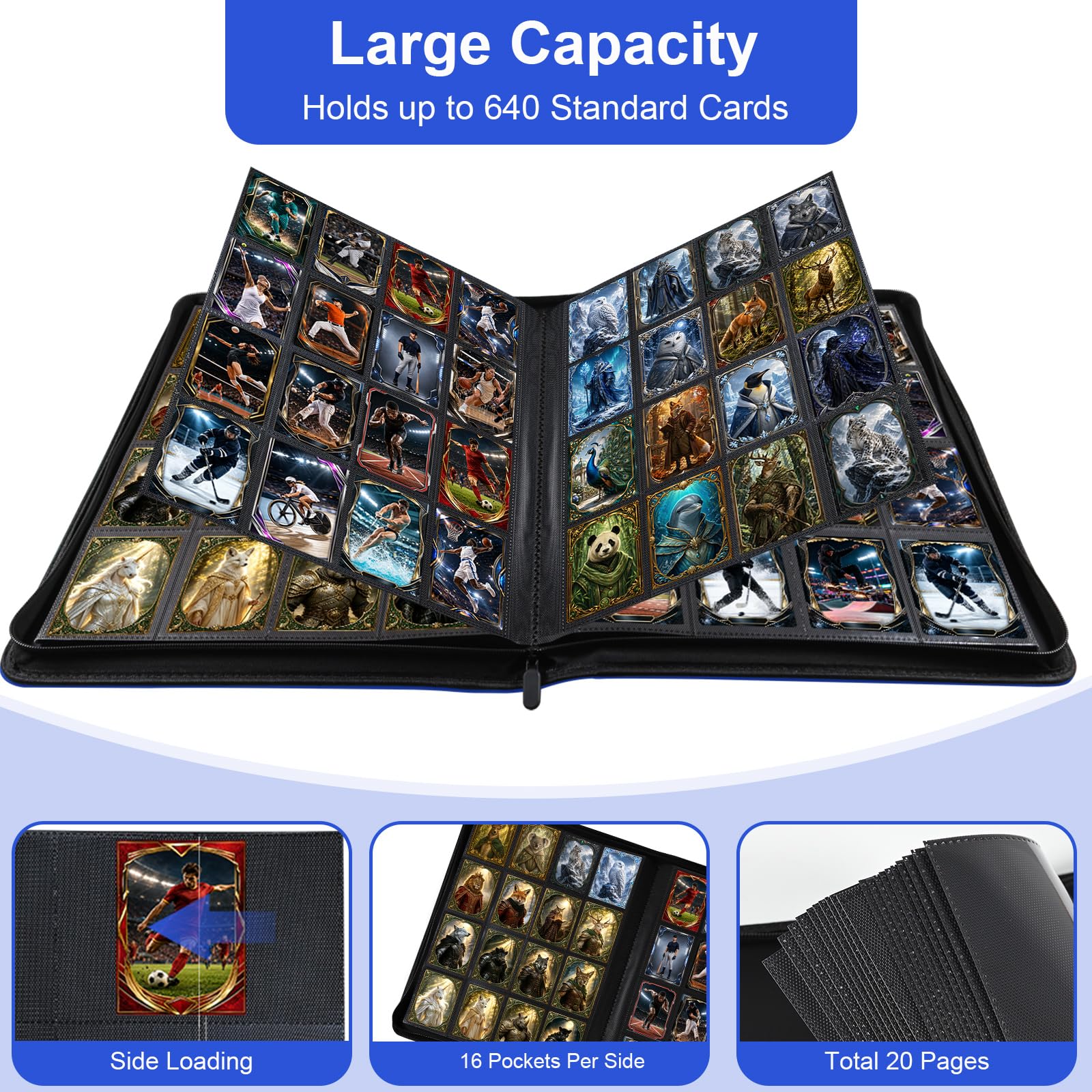 BYSTER Carpeta de tarjetas de poliuretano de alta calidad con 16 bolsillos con cremallera, color azul | Carpeta de carga lateral de 640 unidades para TCG, MTG, tarjetas deportivas, tarjetas de juego