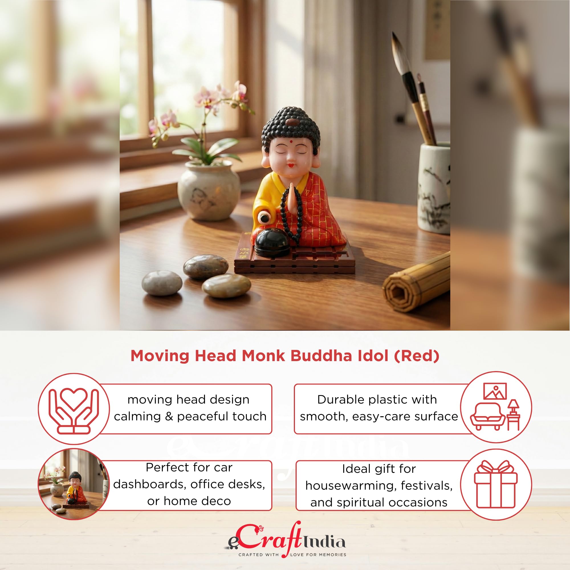 Moving Head Monk Buddha Idol - Good Luck & Home Decor -5