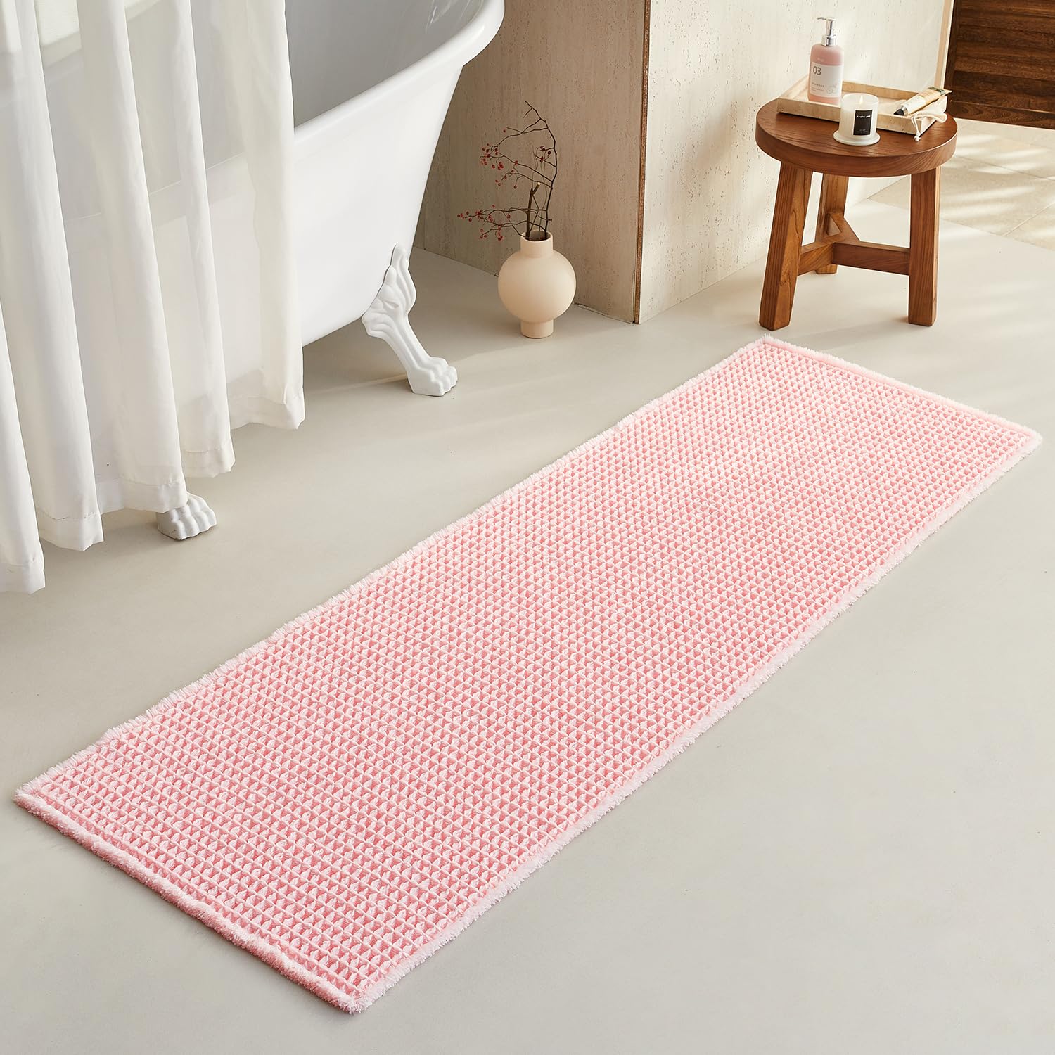 TYUU Light Peachy Pink Long Bathroom Rugs, Waffle Runner Rug Bathroom Non Slip Washable Quick Dry Cute Bath Mat Boho Farmhouse Bath Mat, 72"x24" Light
