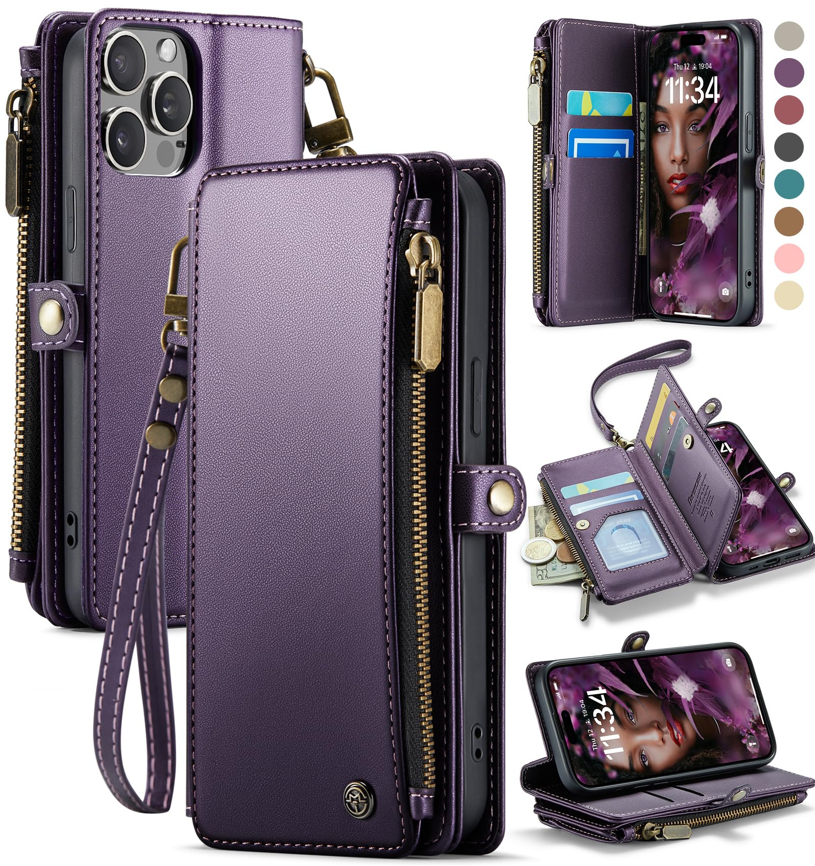 Defencase Compatible with iPhone 14 Pro Case Wallet with RFID Blocking Card Holder for Women Men, Soft PU Leather Magnetic Snap Flip Zipper Strap Wallet Phone Case Fit for iPhone 14 Pro 6.1