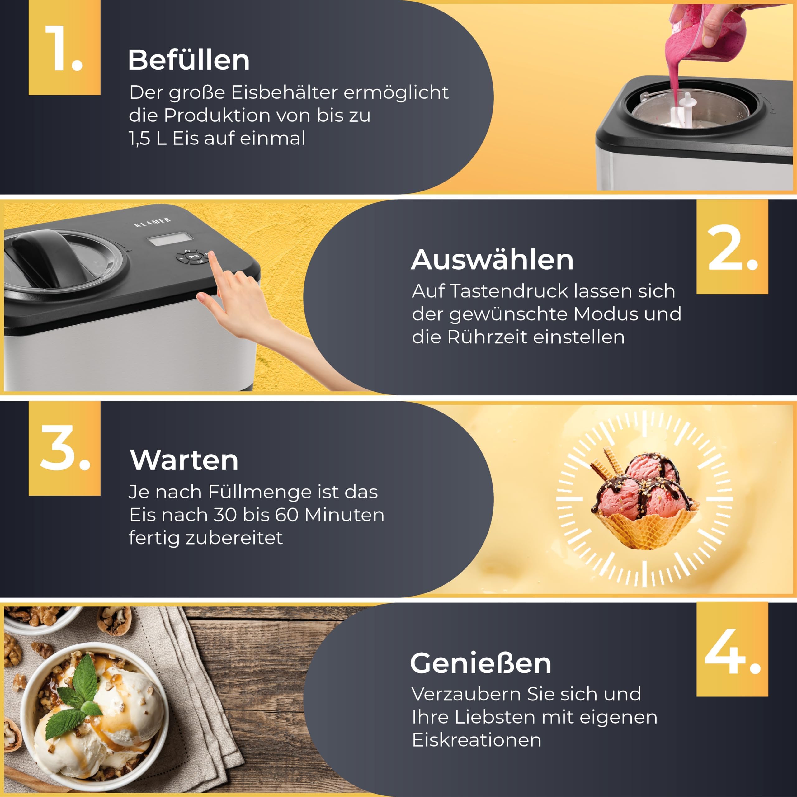 KLAMER Eismaschine 1,5L, 120 W Eiscrememaschine aus Edelstahl mit Kühlfunktion, hausgemachtes Speiseeis mit selbstkühlendem Kompressor, mit digitalem Rezeptbuch