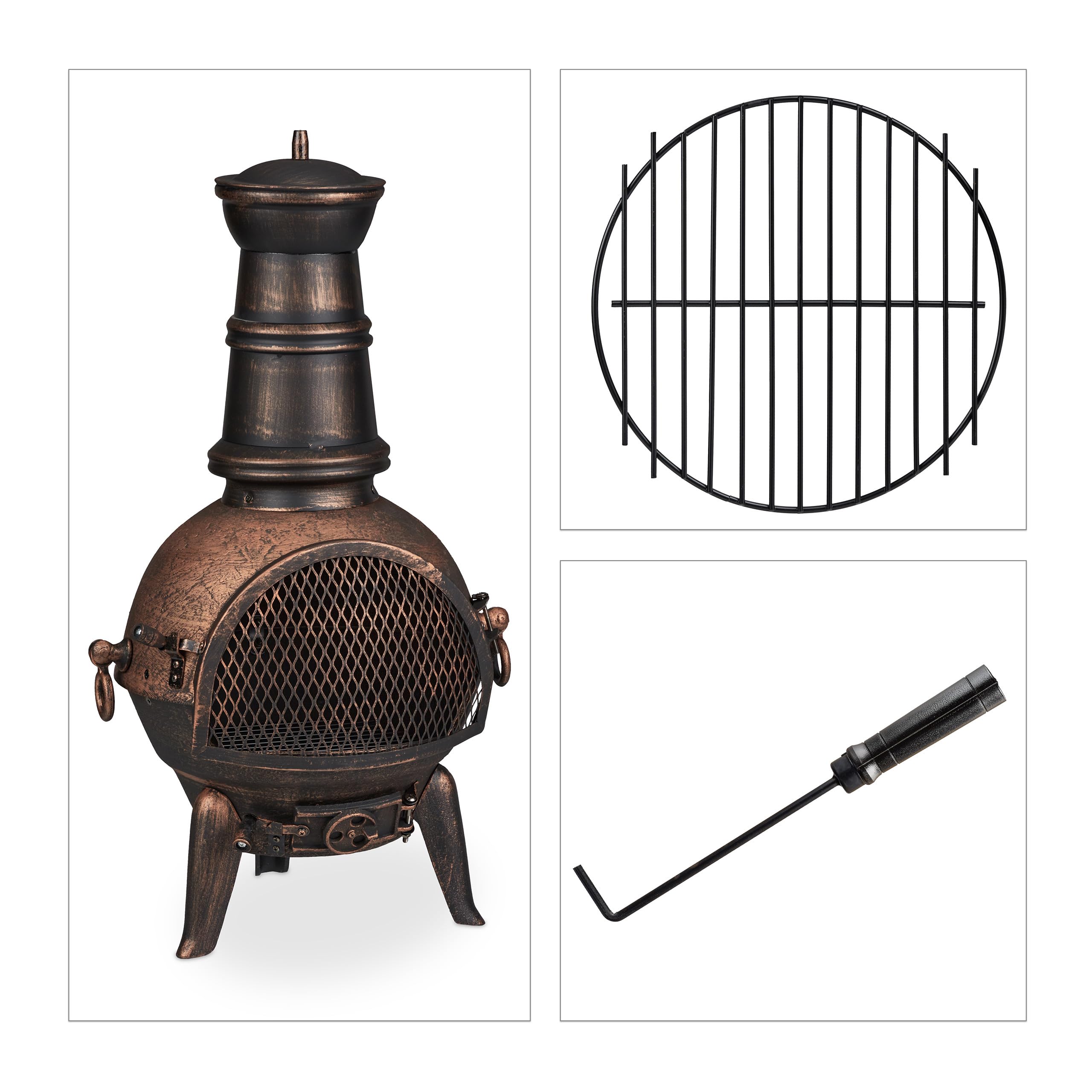 Relaxdays Chimenea Exterior, Estufa Terraza, con Atizador, Hierro Fundido, Protección Antichispas, 86x46x38 cm, Bronce