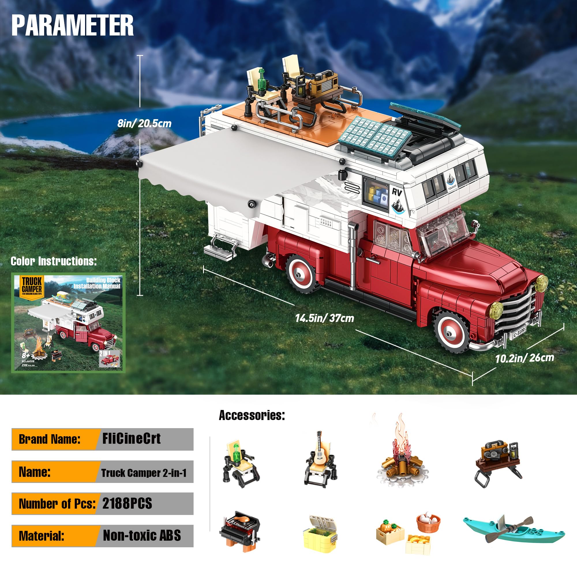 Car Building Block, 2-in-1 Camper Van Building and Farm Pickup Truck Building Set Toy for Adult, Retro Rvs Building Block Kit Set, 2188pcs
