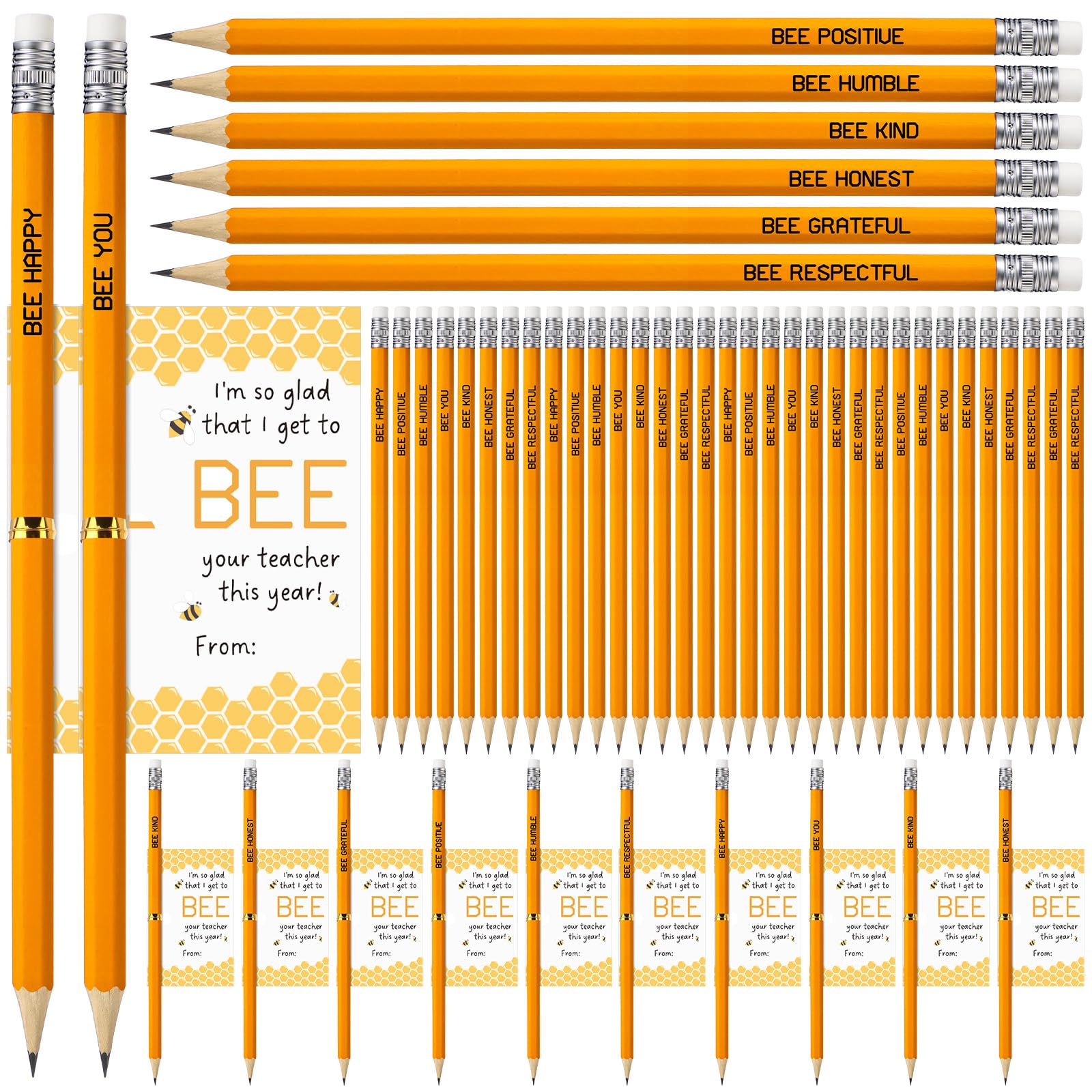 Spakon24 Sets Back to School Gift for Students Motivational Pencils Bee Pencils with Erasers Greeting Cards with 100 Twist Ties Bee Themed Party Favors First Day of School Gifts Classroom Gifts