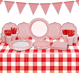 Gatherfun Gingham Red and White Party Supplies Disposable Paper Plates Napkins Cups Knives Spoons Forks Tablecloth Banner for Birthday Party Family Dinner Picnic Barbecue Mother's Day Party, Serve 25