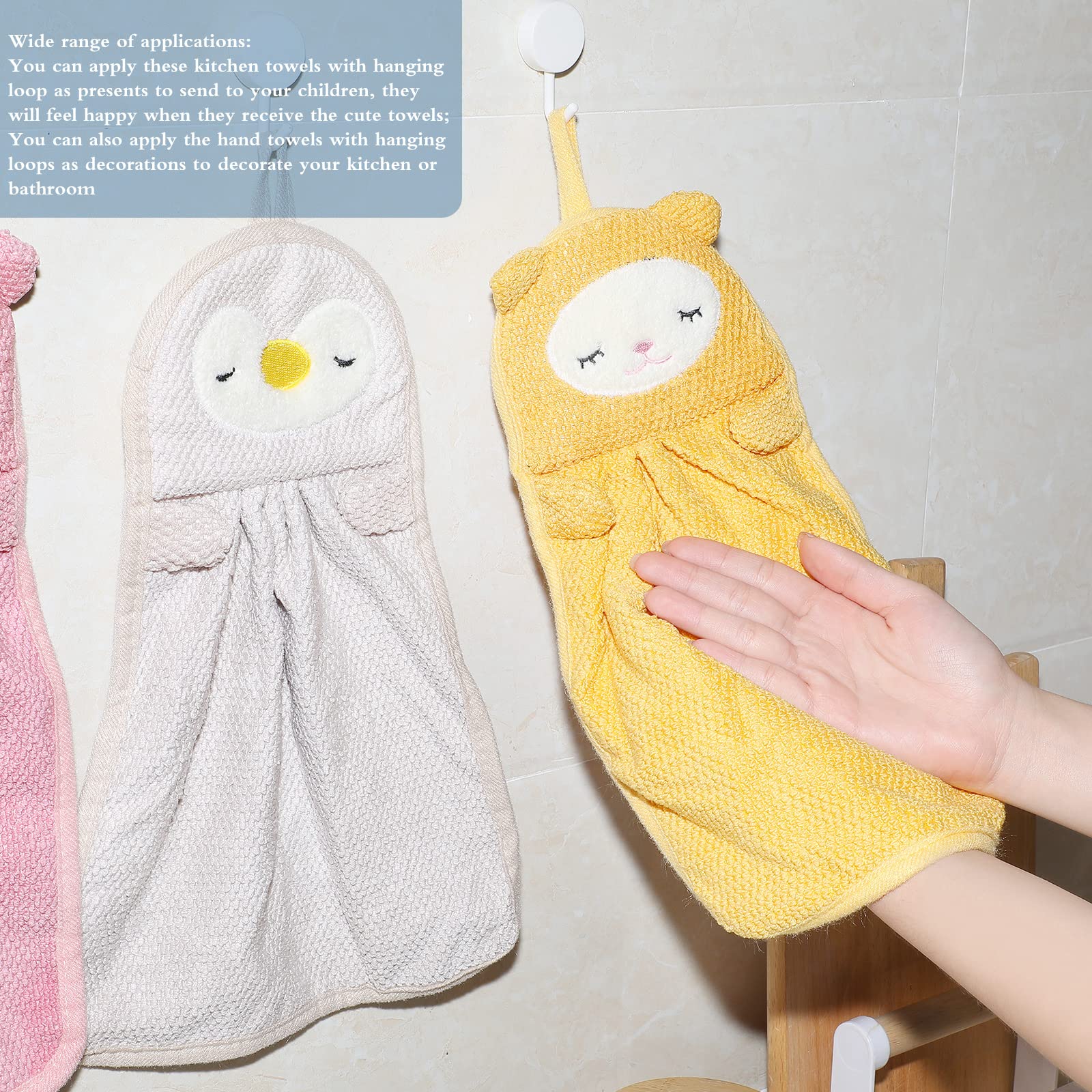 4 Toallas de Mano para Niños Toallita de Animal Lindo Toallas Absorbentes de Microfibra Toallas Faciales de Secado Rápido con Bucle Colgante para Cocinas y Baños