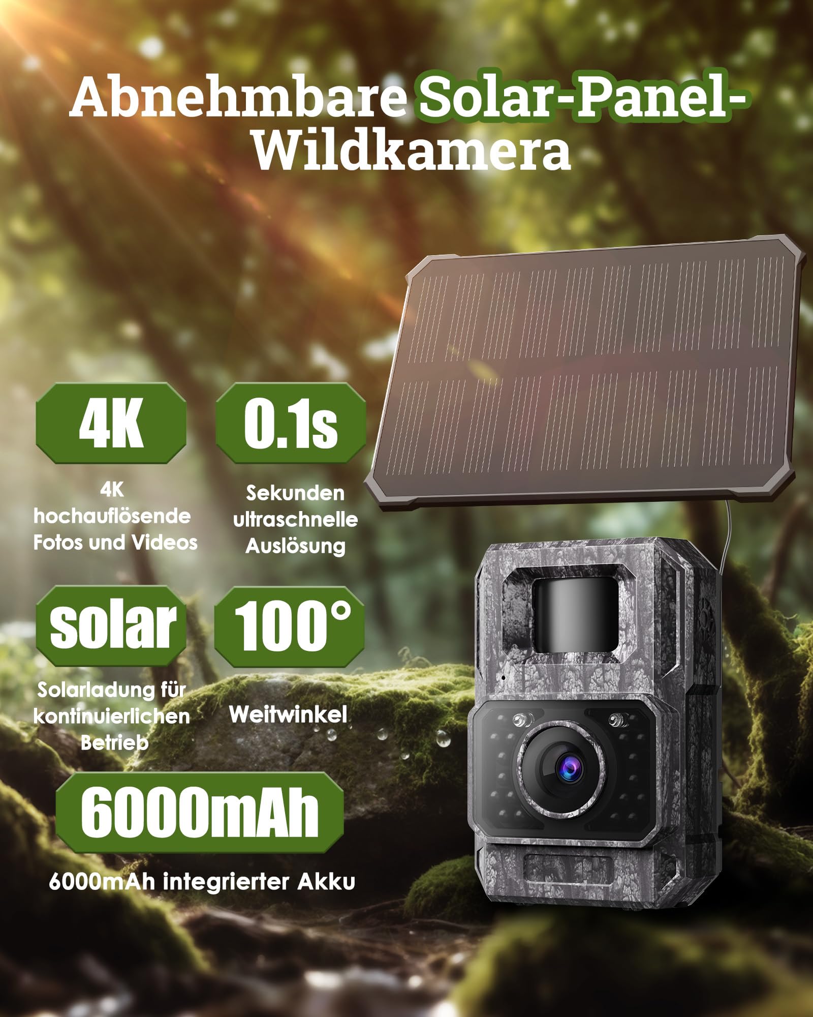 MAXDONE Wildkamera Solar WLAN mit Handyübertragung App - 4K 64MP Wildtierkamera Bluetooth mit Bewegungsmelder Nachtsicht 6000mAh Lithium-Batterie, 32GB SD-Karte, Nachtsichtkamera IP66