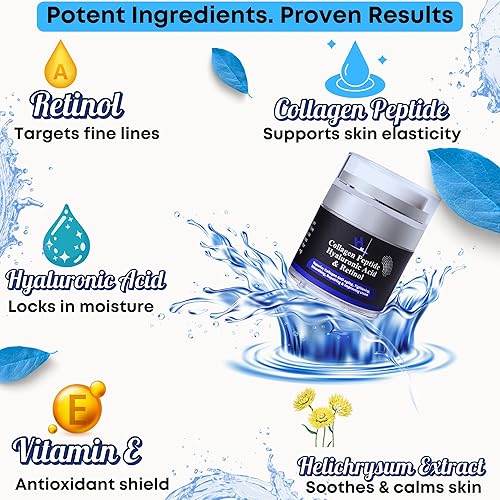 Miniatura 3 de HM - Crema de péptido de colágeno con ácido hialurónico, retinol y vitamina E, antiarrugas y antienvejecimiento, restaura el colágeno a la piel,