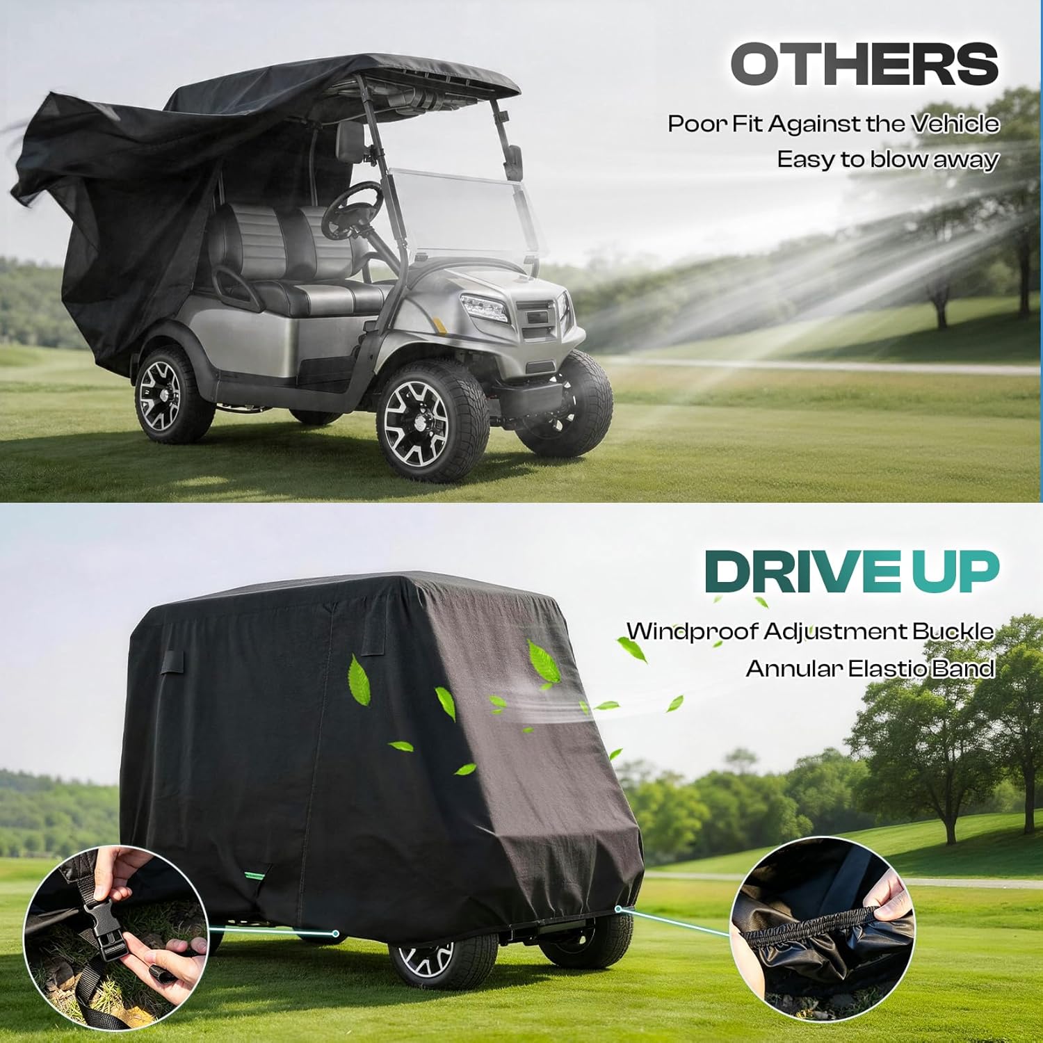 DRIVE UP Golf Cart Cover Fits for 2/4 Passenger Yamaha Club Car EZGO Golf Carts, 420D Waterproof Durable Polyester Cover with Zipper Doors, Dustproof, Sunproof, Windproof