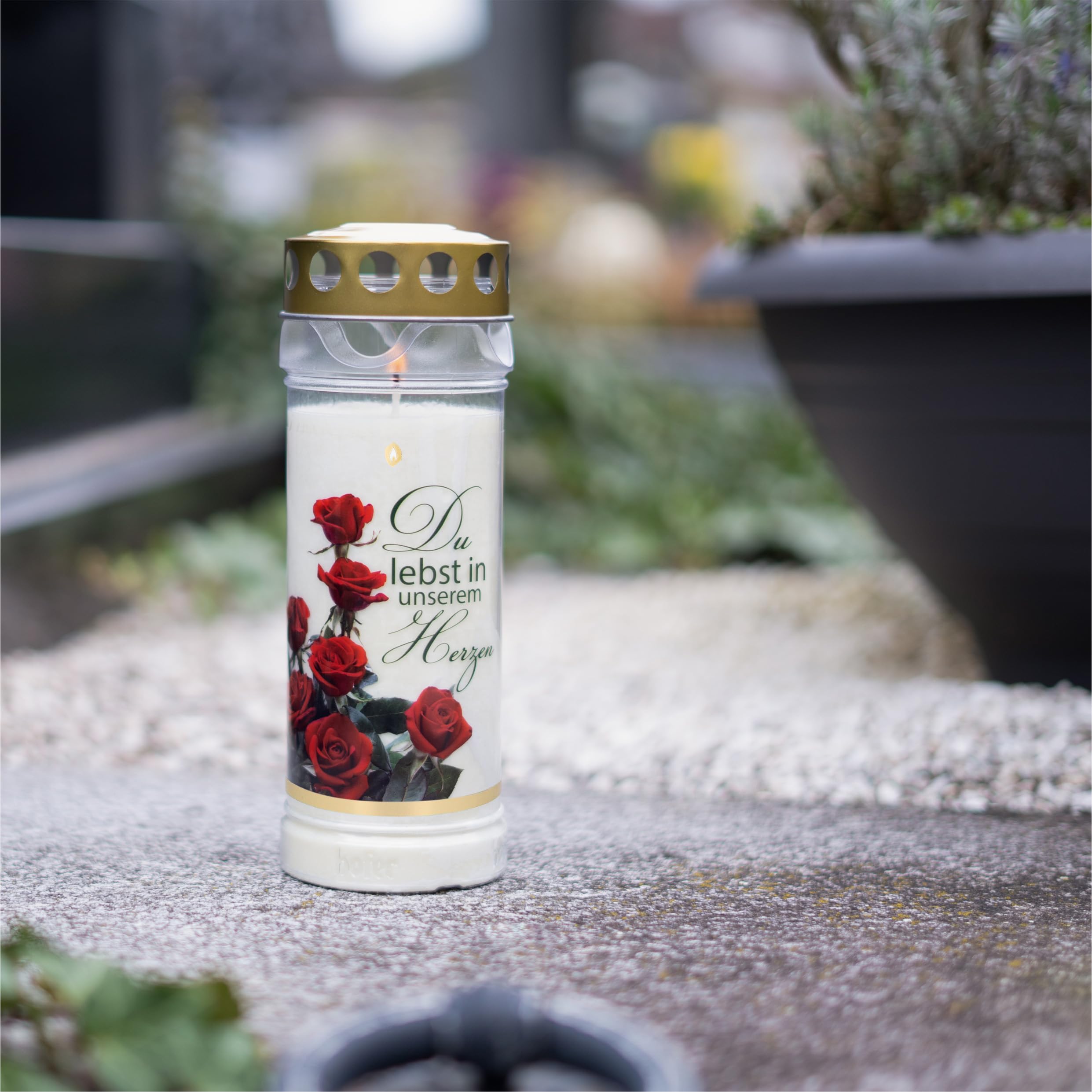 6er Set HOFER GRABKERZEN 7 Tage Brenndauer - Das Original [Erinnerung Select] regenfest | Trauerkerzen mit Deckel | Grablicht, Friedhofskerze mit Motiv und Spruch | Kerzen für Grabdeko und Grabschmuck
