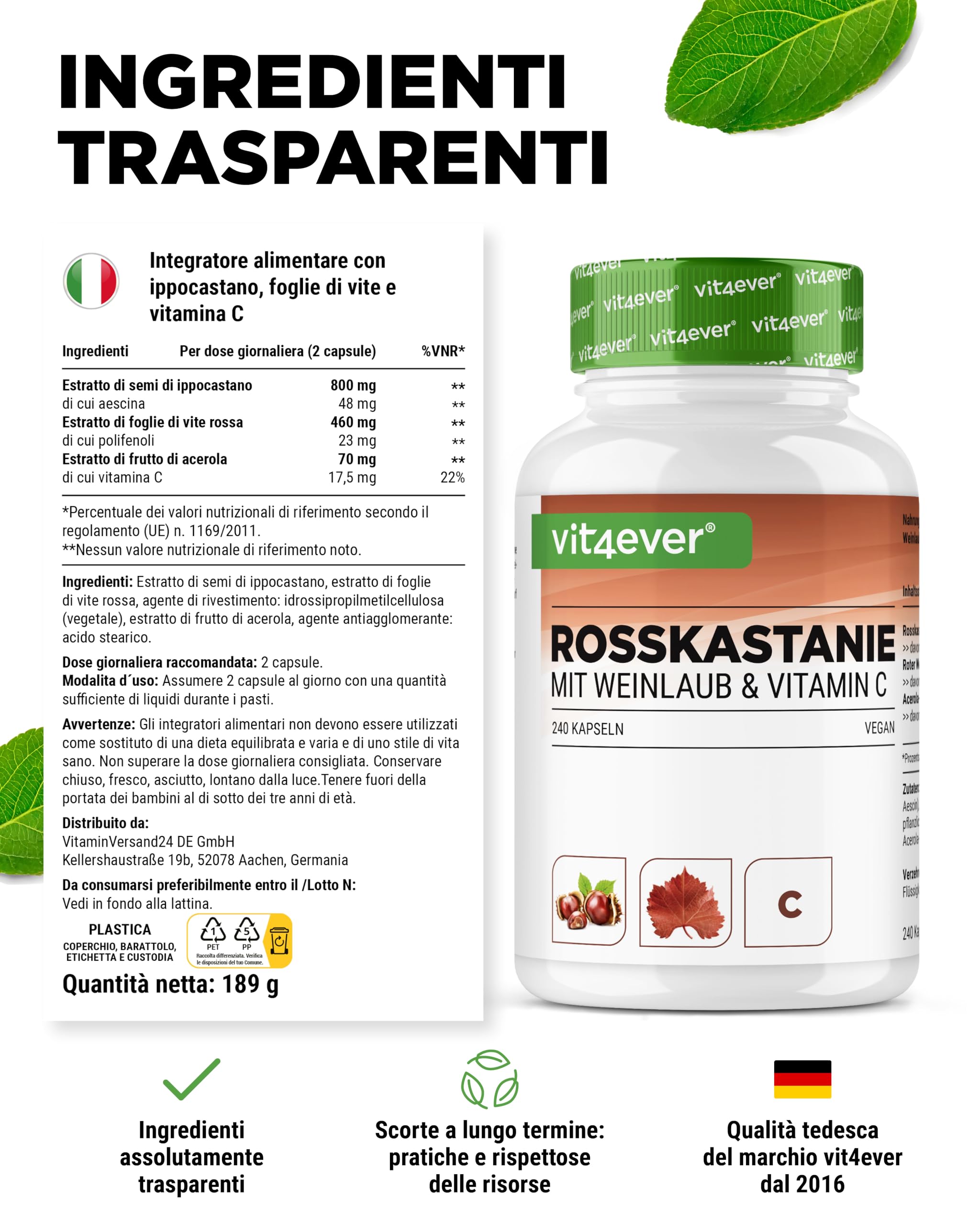 Estratto di ippocastano - 240 capsule - Dosaggio elevato con 1330 mg di estratto per dose giornaliera - Ippocastano con foglie di vite e vitamina C di acerola - Senza additivi indesiderati, vegano