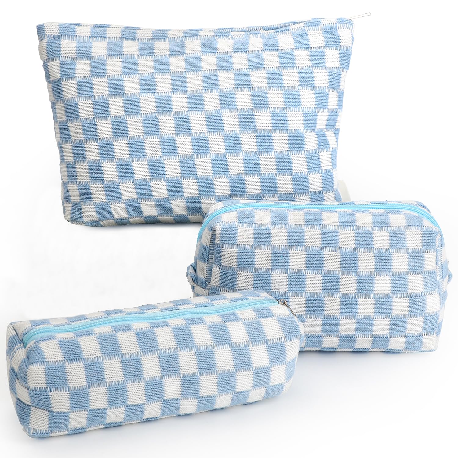 3 Pcs Makeup Bag Cosmetic Bag Set for Girls Women Checkered Travel Organizer Bathroom Toiletry Pouch Large Capacity Storage Bag (Blue-White)