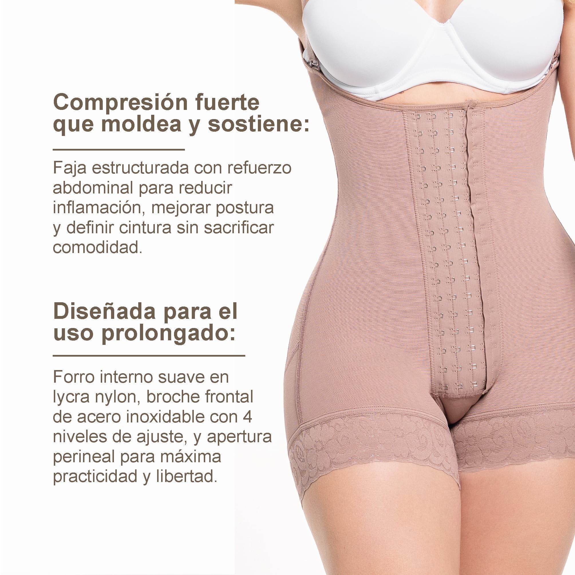 Faja Cachetera Ref AS005 - Compresión Fuerte, Abrochadura 4 Posiciones, Refuerzo Abdominal, Realce de Glúteos, Abertura Perineal y Cargaderas Removibles