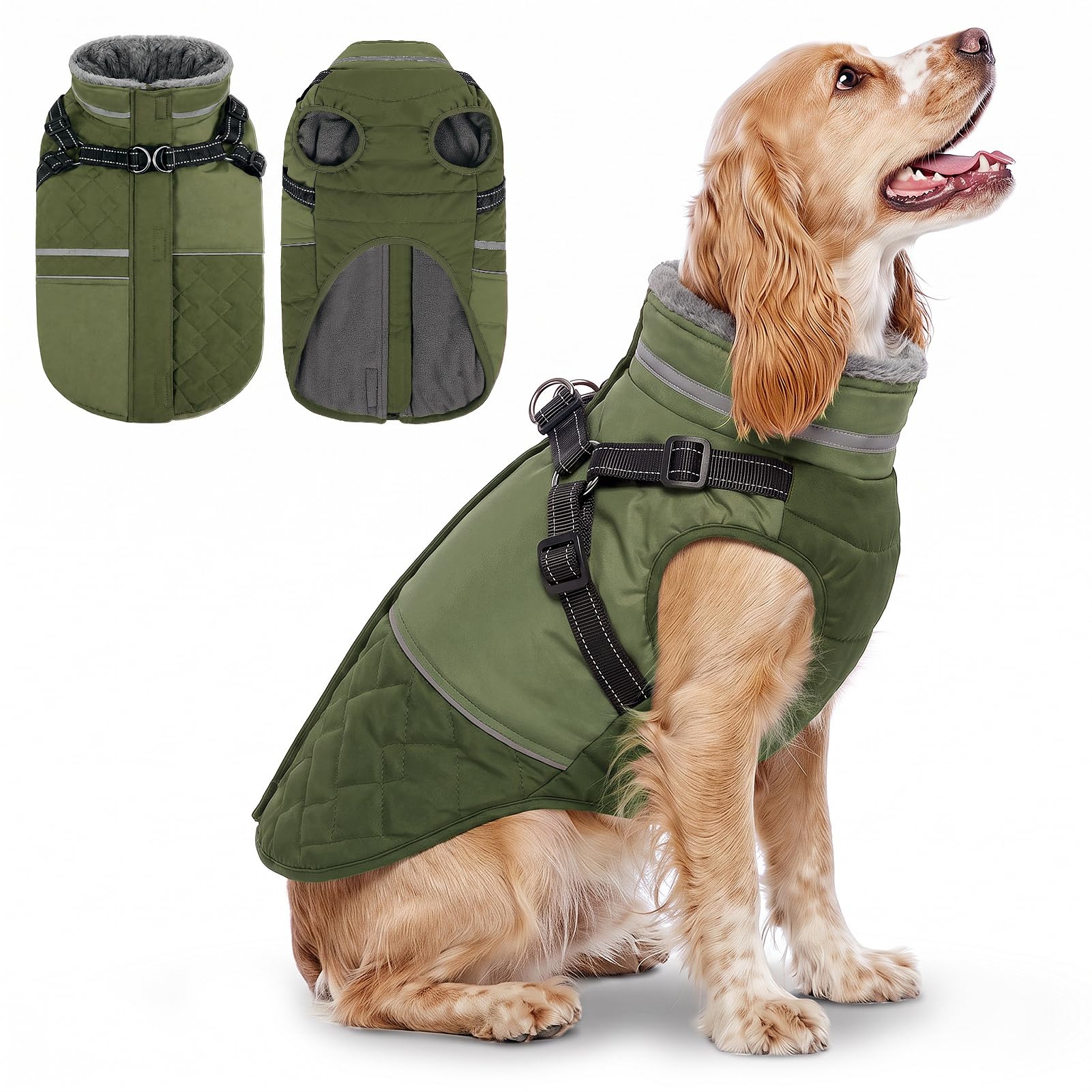 Queenmore Dog Coats Waterproof, Dog Jacket Zipper Closure, Green, L