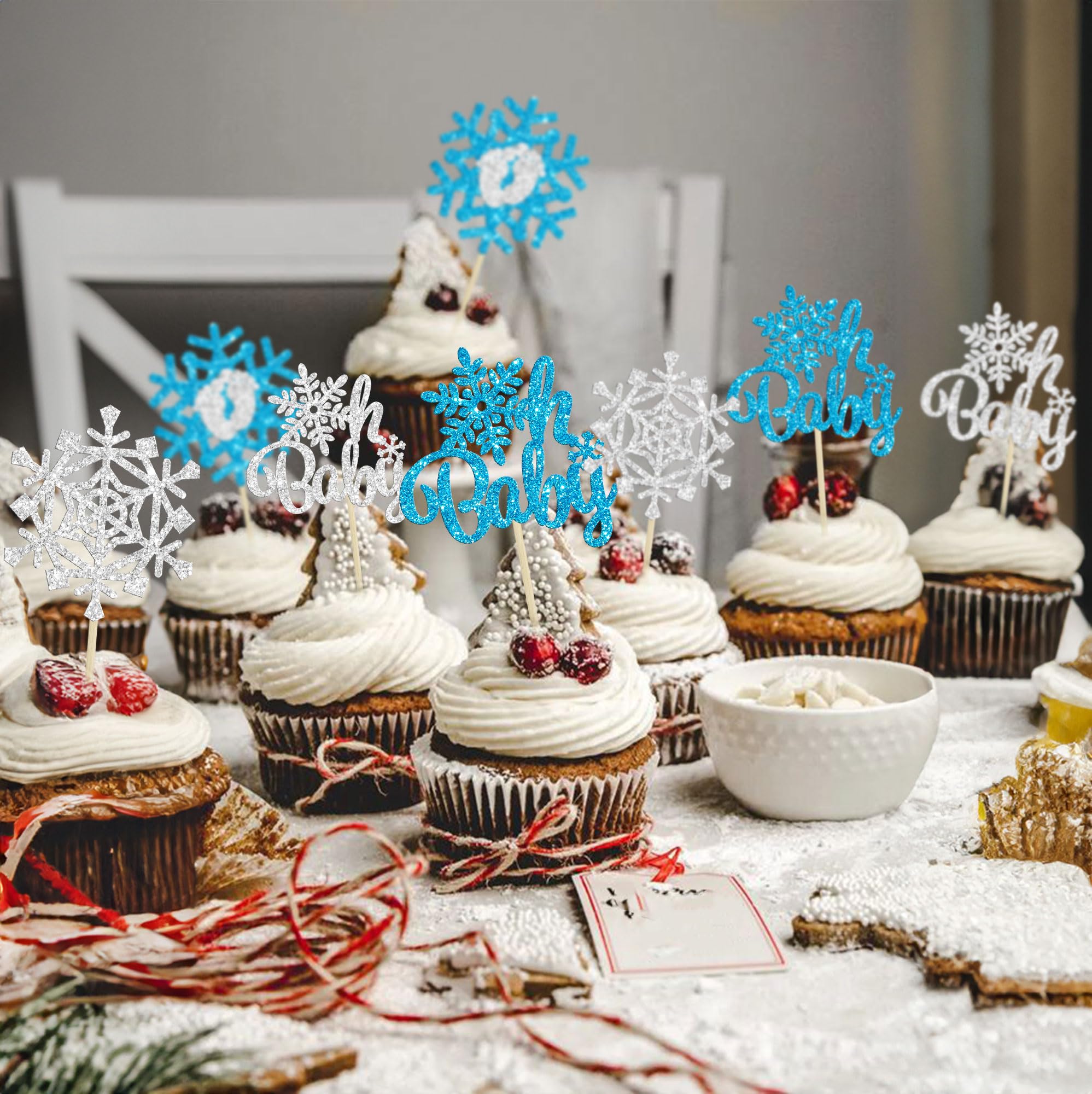 Gyufise 24-Pack Snowflake Oh Baby Cupcake Toppers - Silver Blue Glitter Picks For Winter & Frozen Theme Parties