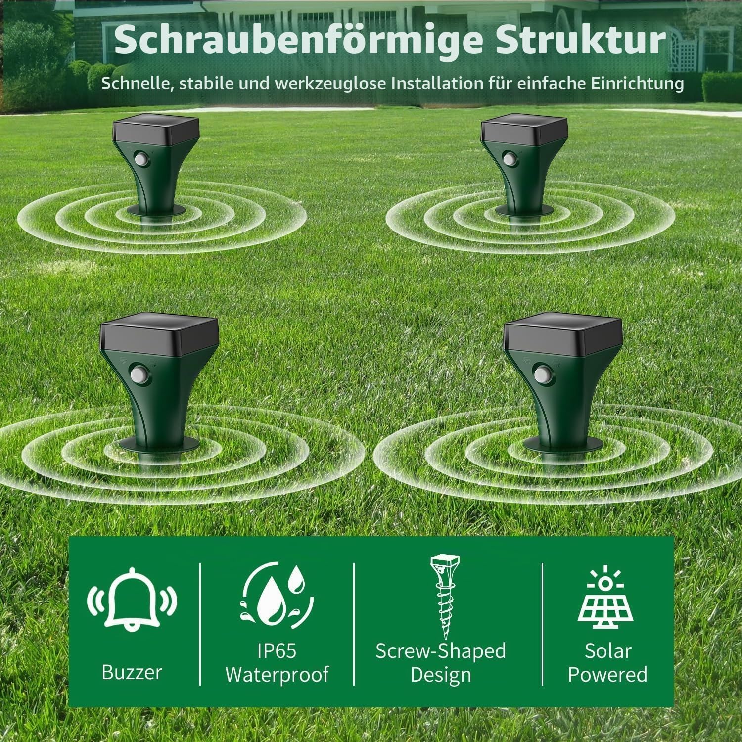 Maulwurf Vertreiber 4er, Solar Maulwurfschreck Testsieger mit Ultraschall, IP65 Wasserdicht, Effektive Wühlmausabwehr gegen Maulwürfe und Wühlmäuse, für Garten & Rasen