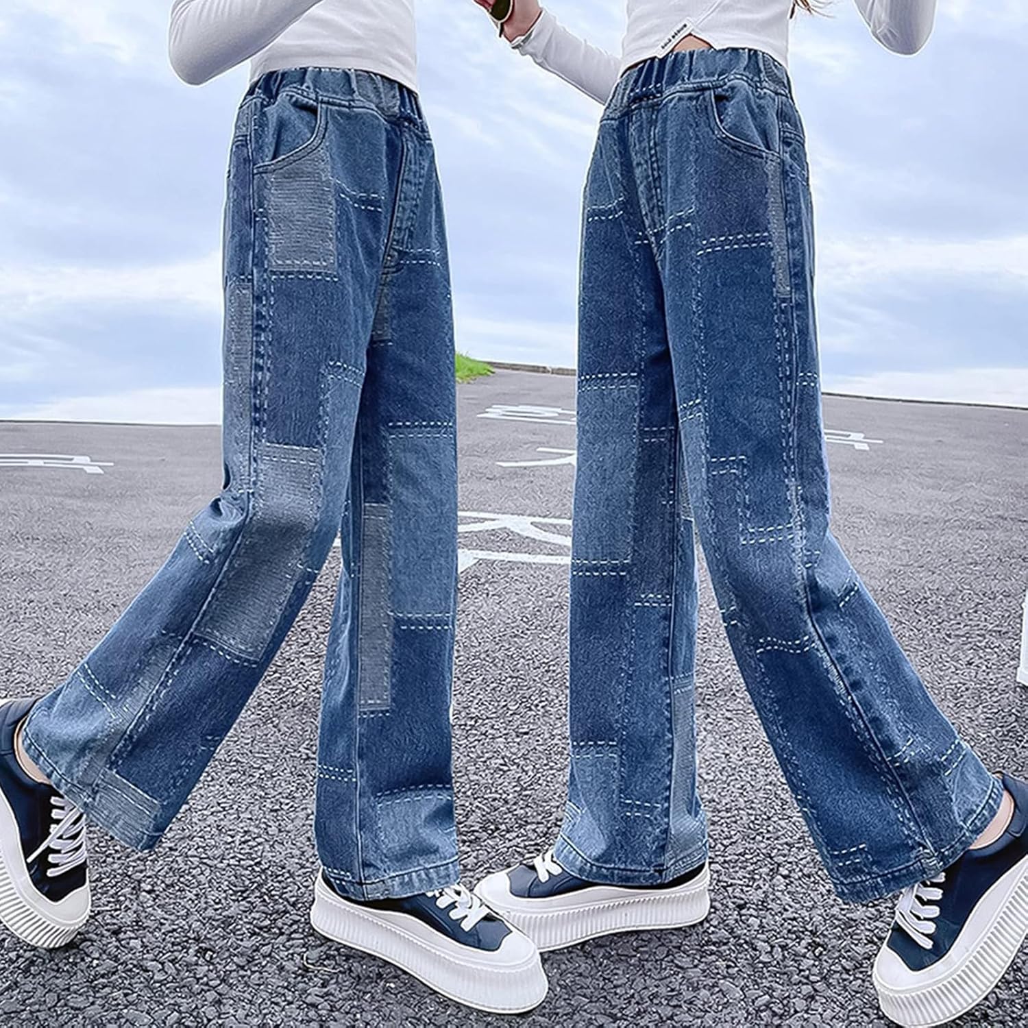 Rolanko Girls Jeans Denim Elastic Wasit Wide Leg Baggy Pants Kids Clothes 4-14 Years - Image 3