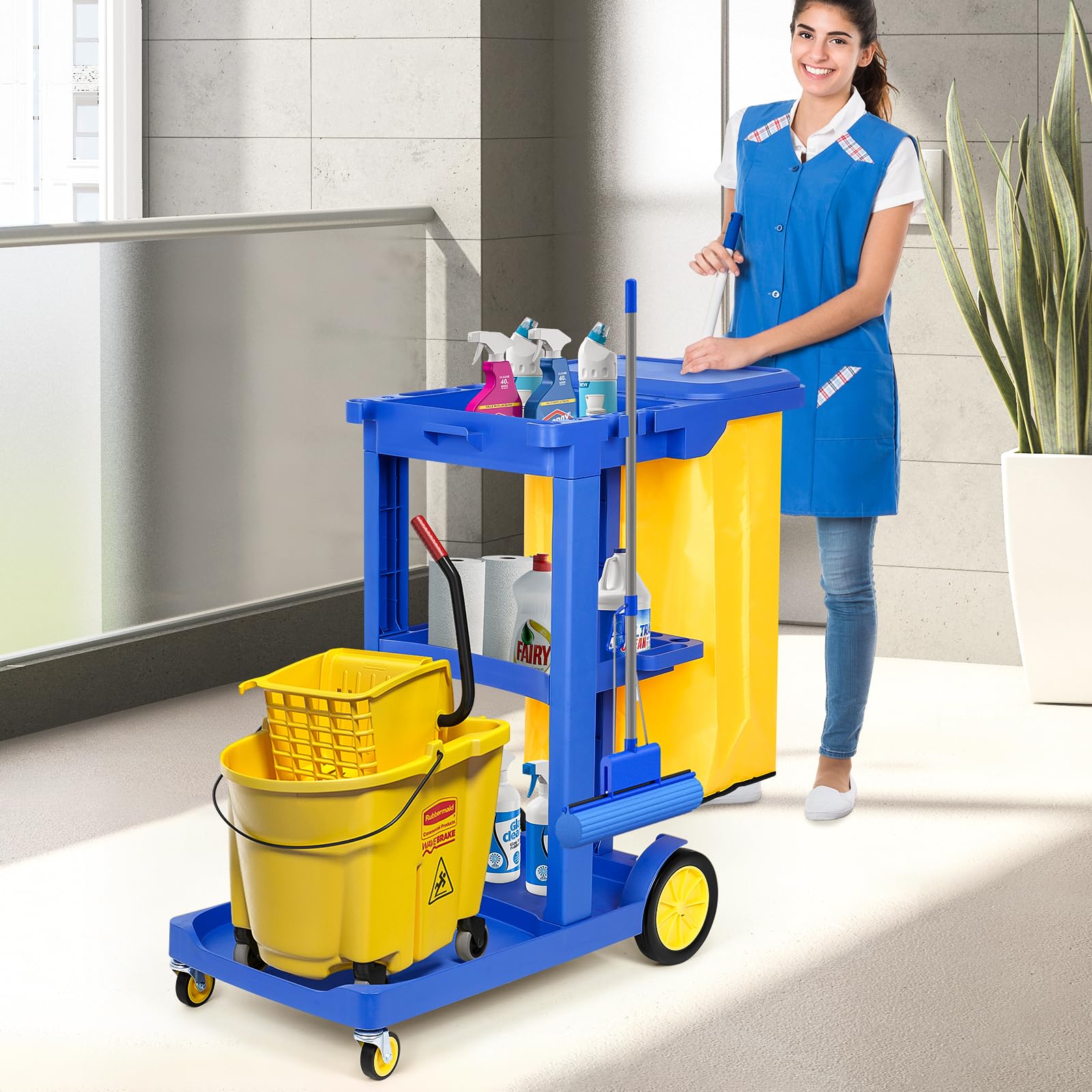 bimiti Carro de limpieza con bolsa de basura de 65 litros, 83 x 46 x 90 cm, 3 niveles, carrito de limpieza profesional, carrito de limpieza con 4 ruedas, para servicio de hotel, centros comerciales,