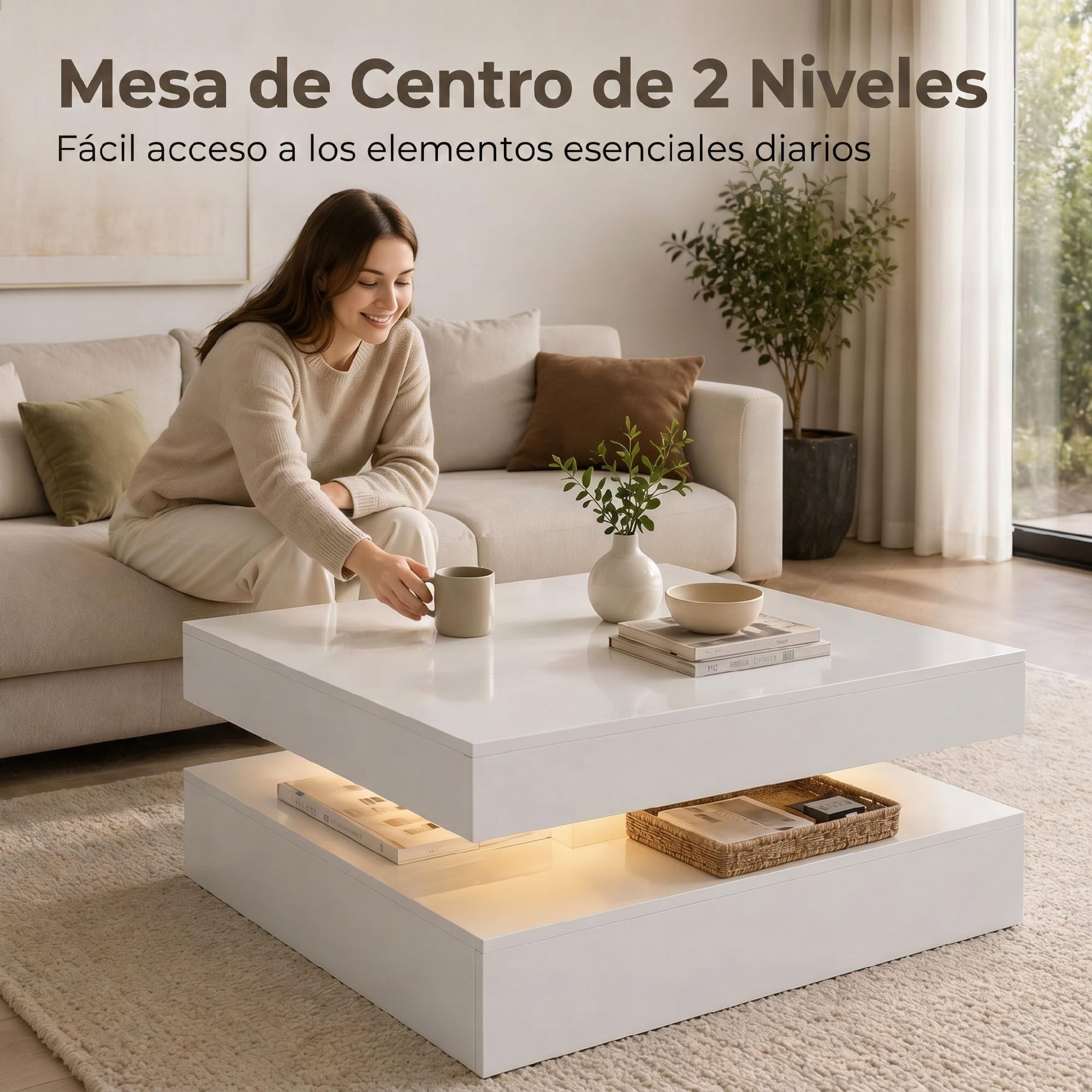 HOMCOM Mesa de Centro con LED RGB de 7 Colores 78x78x40 cm Blanco | Mesa de Café para Salón, Alto Brillo, con Mando a Distancia, Almacenamiento Abierto, Comedor, Oficina