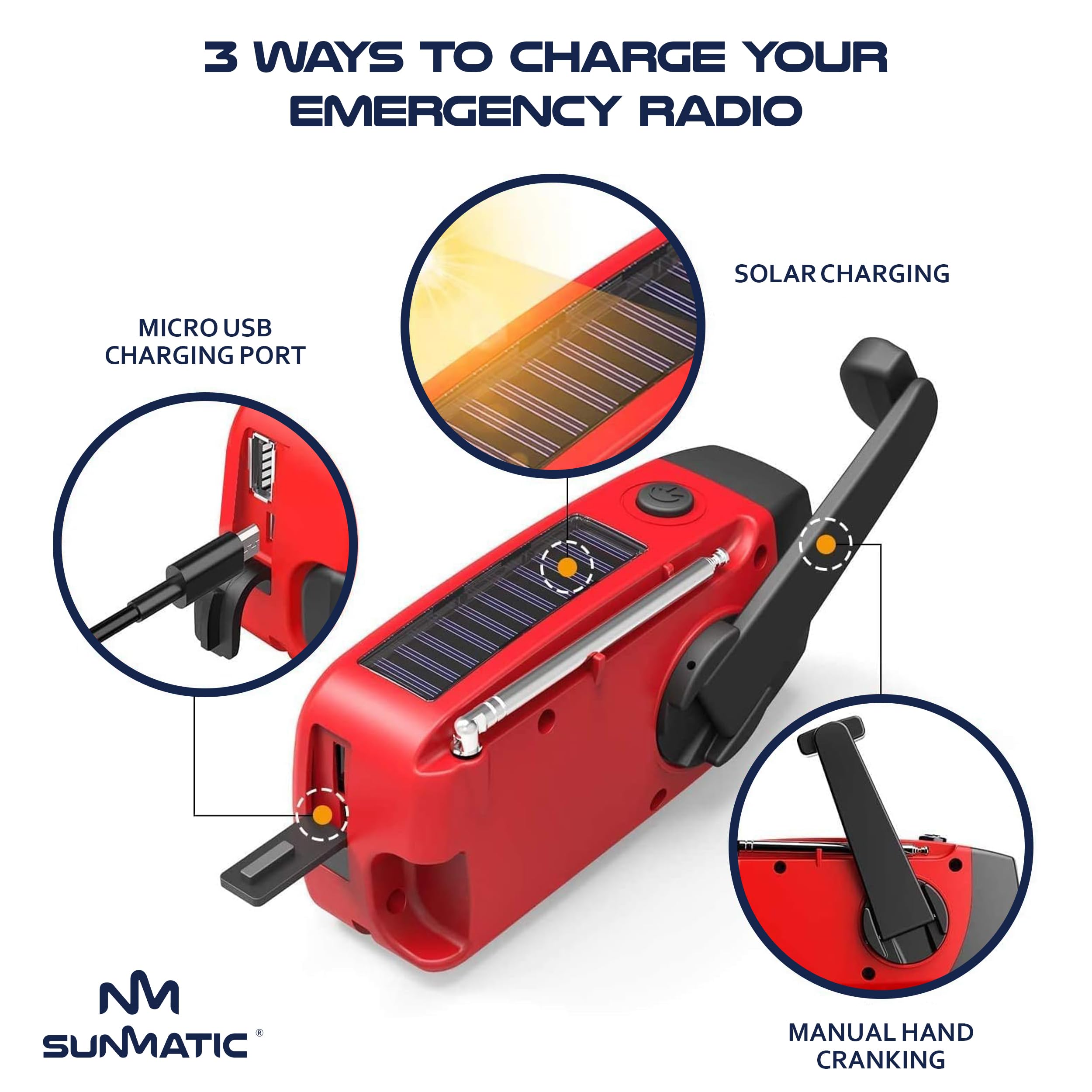 Radio d'urgence Solaire et Dynamo SunMatic – AM/FM Portable avec Lampe LED, Batterie 2000mAh, Charge USB, Radio à Manivelle, Idéal pour Camping, Randonnée, Panne de Courant et Kit de Survie