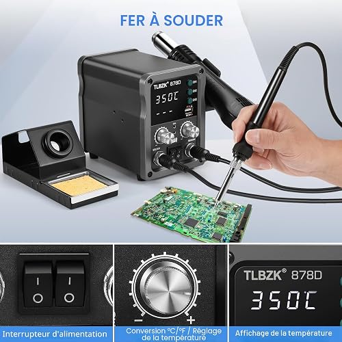 TLBZK 878D 2-en-1 Station de soudage à air chaud Kit pour résumé, pompe de dessalement 5 embouts de soudage, 3 buses à air chaud, pincettes, extracteur IC - 5
