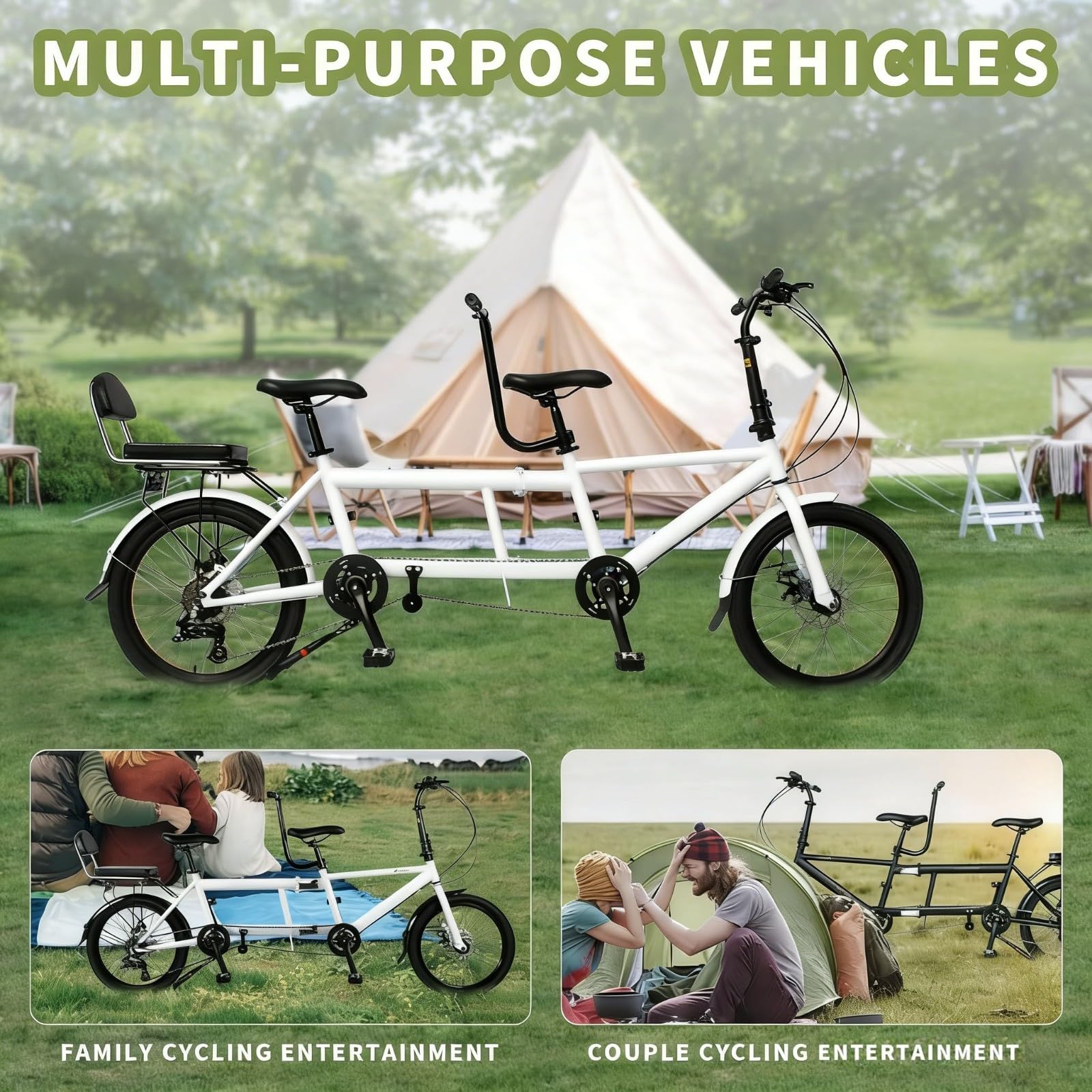 Bicicleta Tándem Plegable 20 Pulgadas, Bicicleta Plegable para Tres Personas, Fabricada Acero Alto Carbono, Resistente La Corrosión Y Duradera. Black,20in