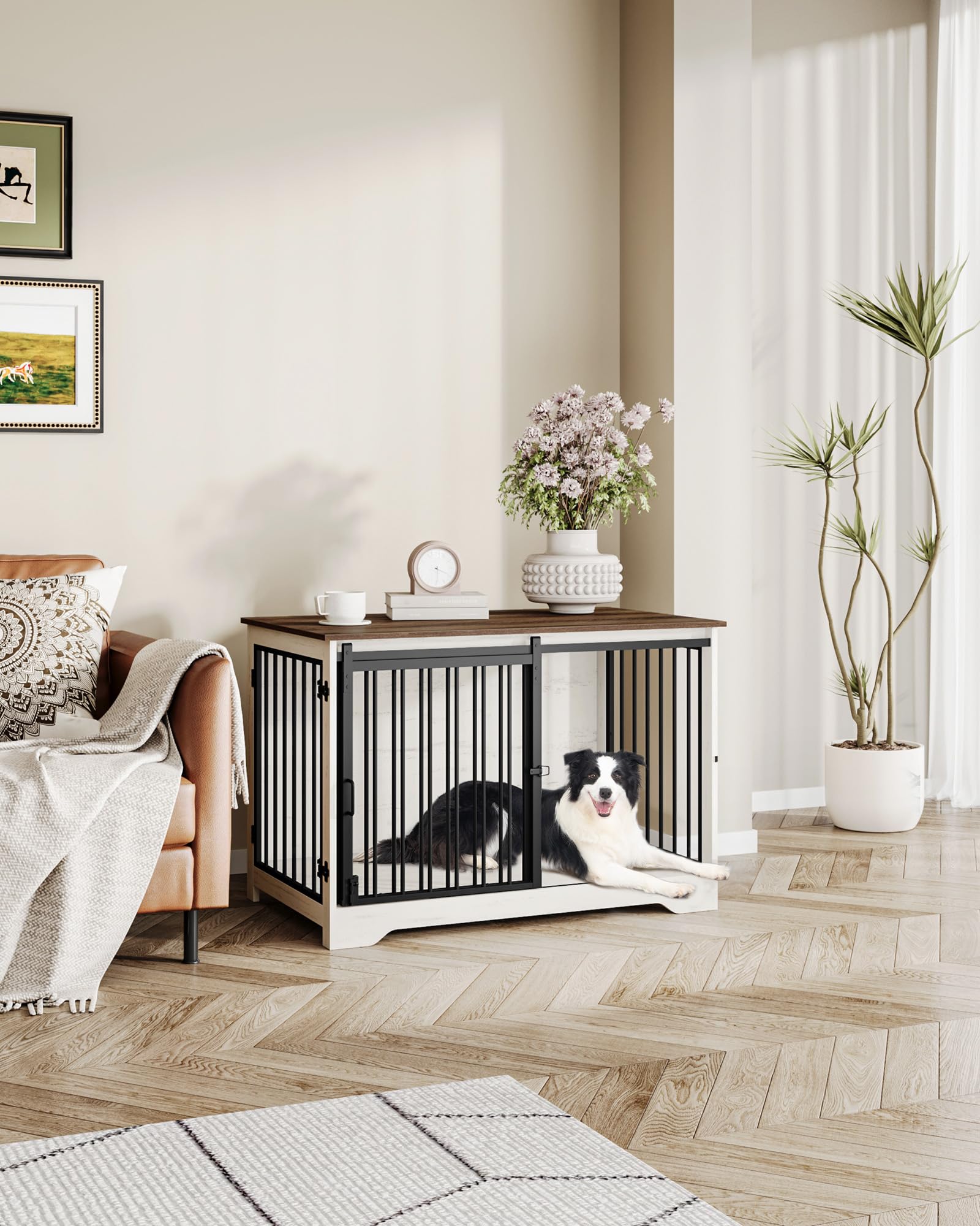 Hzuaneri 100cm Gabbia per Cani, Tavolo Supplemento, Nicchia Moderna per Cani, Gabbia per Cuccioli, Casetta per Animali, 2 porte, 60 x 100 x 68 cm, Bianco e Marrone DFC02314B