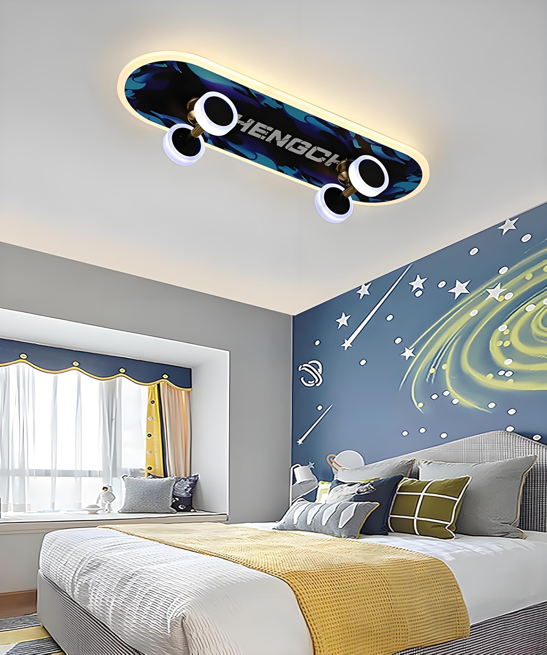 LED Deckenleuchte - Kinderzimmer Lampe Decke Dimmbar mit Fernbedienung & APP, RGB Farbwechsel Kinder Deckenlampe, Kreative Skateboard Leuchte für Deko Junge/Mädchen Schlafzimmer, 32W, L60CM