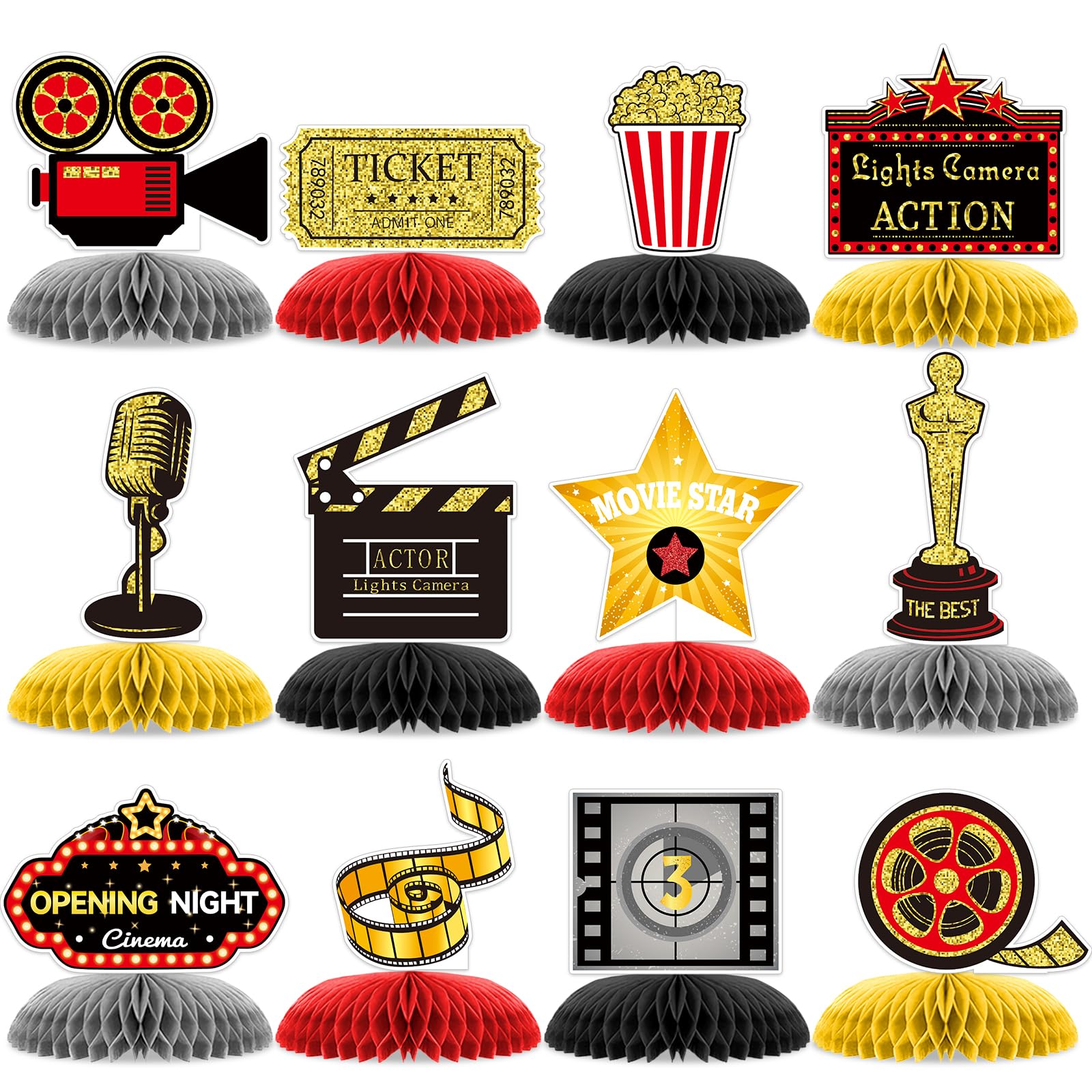12 Pieces Movie Night Party Decorations Movie Birthday Honeycomb Centerpiece, Party Supplies Decor Microphone Ticket Table Decoration for Theater