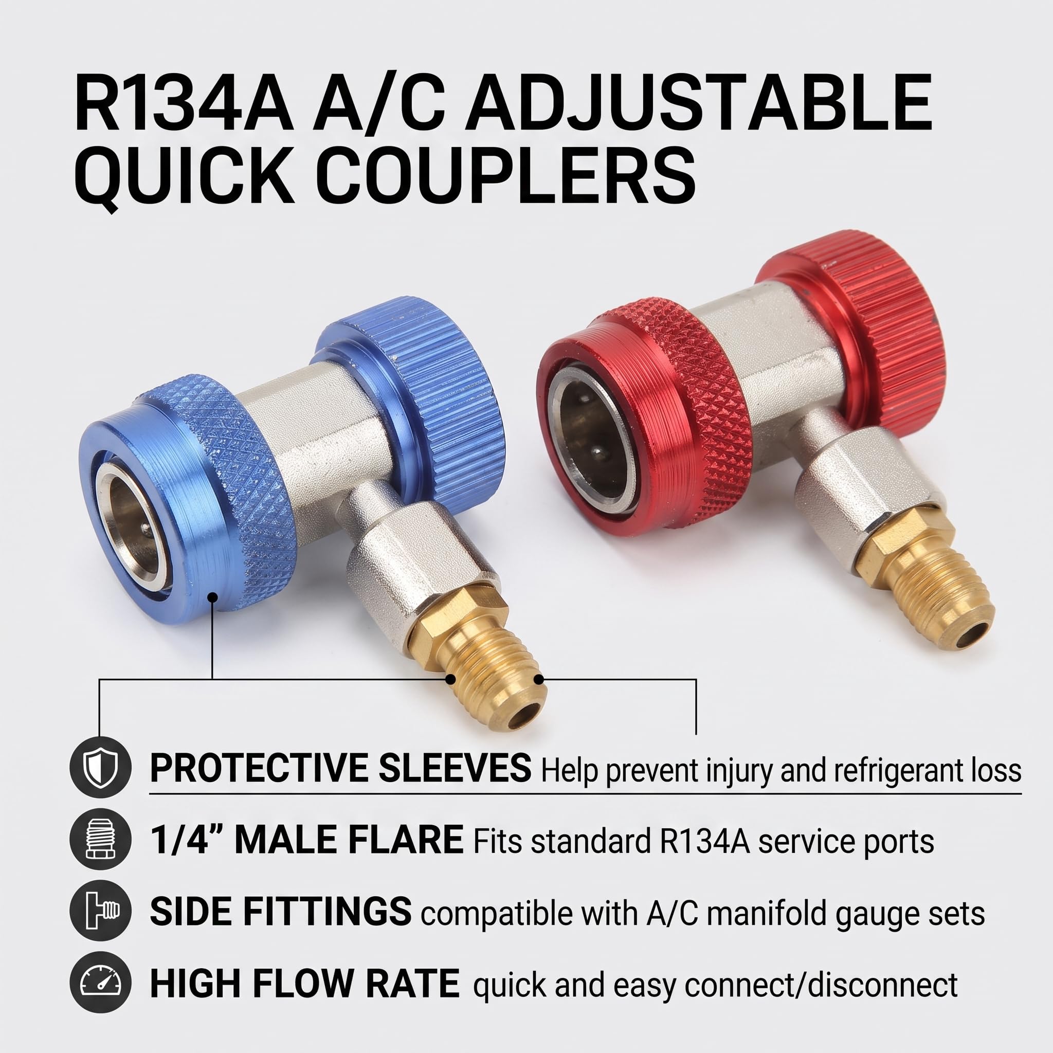 EVGATSAUTO Adattatore 2 Pezzi R134a Aria condizionata Adattatori rapidi Regolabili Accoppiatore Alto Basso Connettore AC Freon Kit collettore Calibro Tubo di conversione 1/4 SAE HVAC