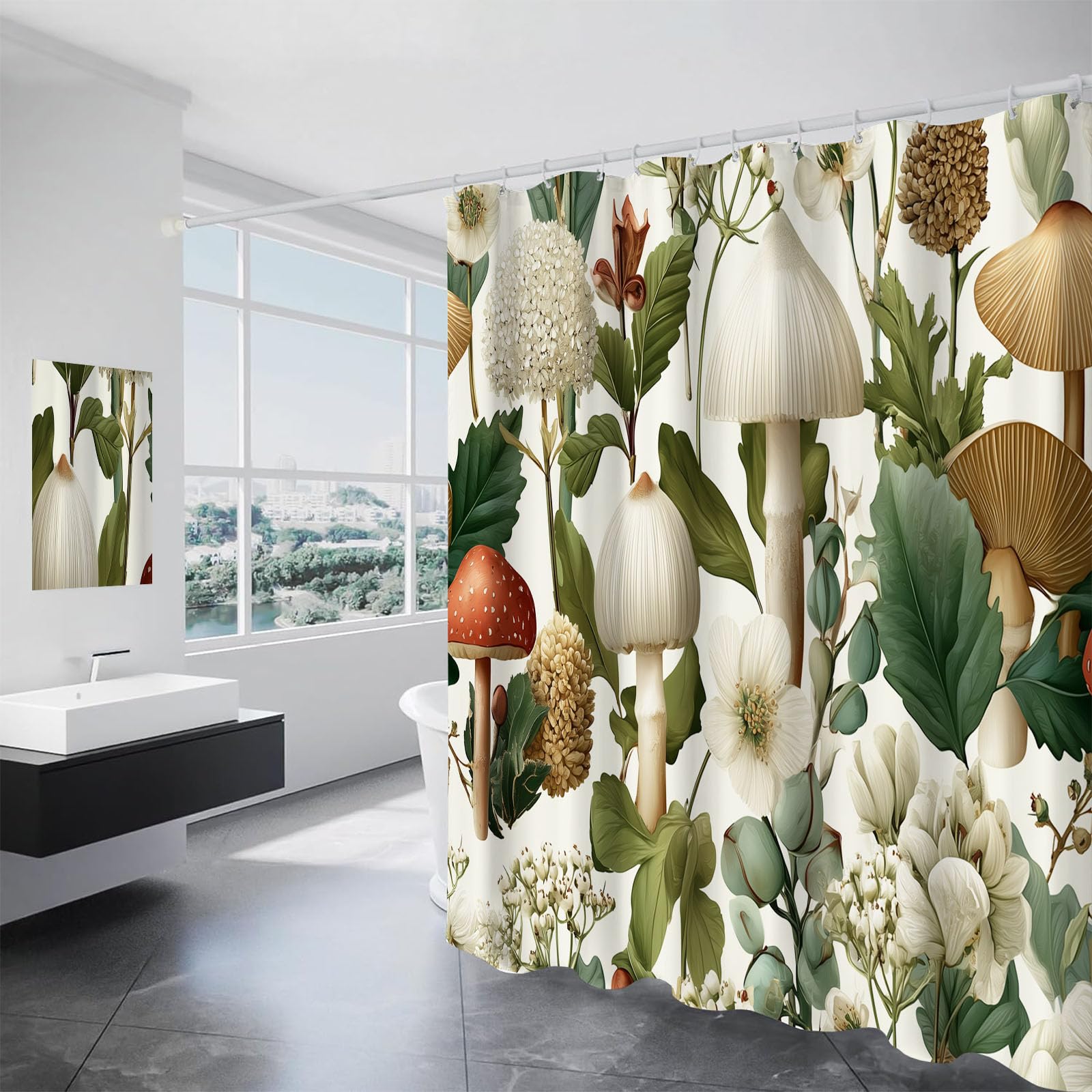 Rideau de douche illustration végétale vintage en polyester beige haut de gamme 180x180