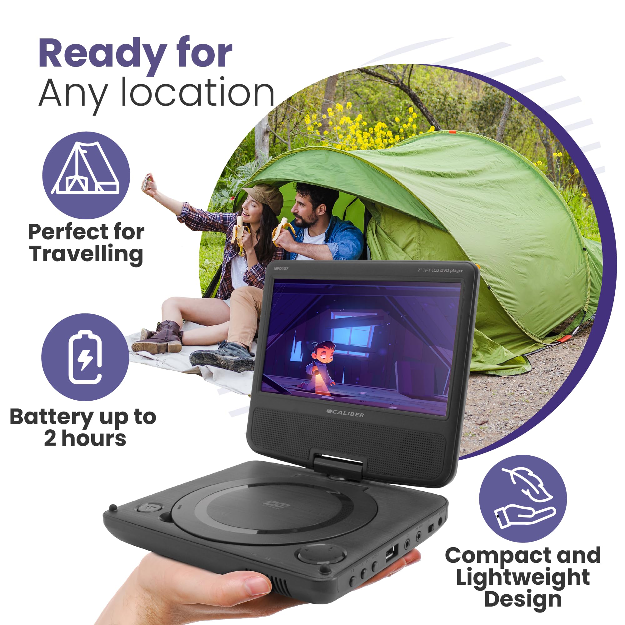 Caliber Tragbarer DVD Player Auto - Inklusive Kopfstützen Montagesystem - CD, DVD, VCD, MP3, MPEG4, DivX, JPEG, USB - LCD Anzeige 7 Zoll - Kopfhöreranschluss - Kabellos bis zu 2 Stunden - Schwarz