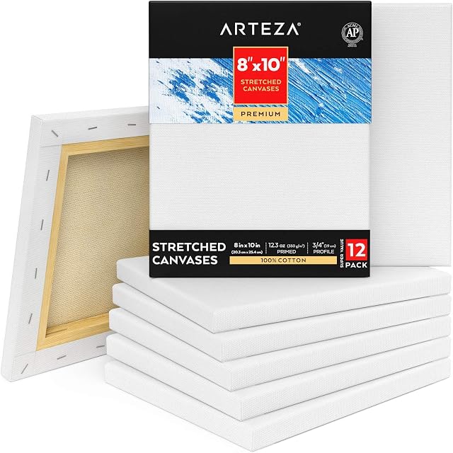 Arteza 20 x 25 cm (8"x10") Premium Stretched Canvas, Bulk Pack of 12, Primed, 100% Cotton for Painting, Acrylic Pouring, Oil Paint & Wet Art Media, Art Supplies for Artist, Hobby Painters & Beginner