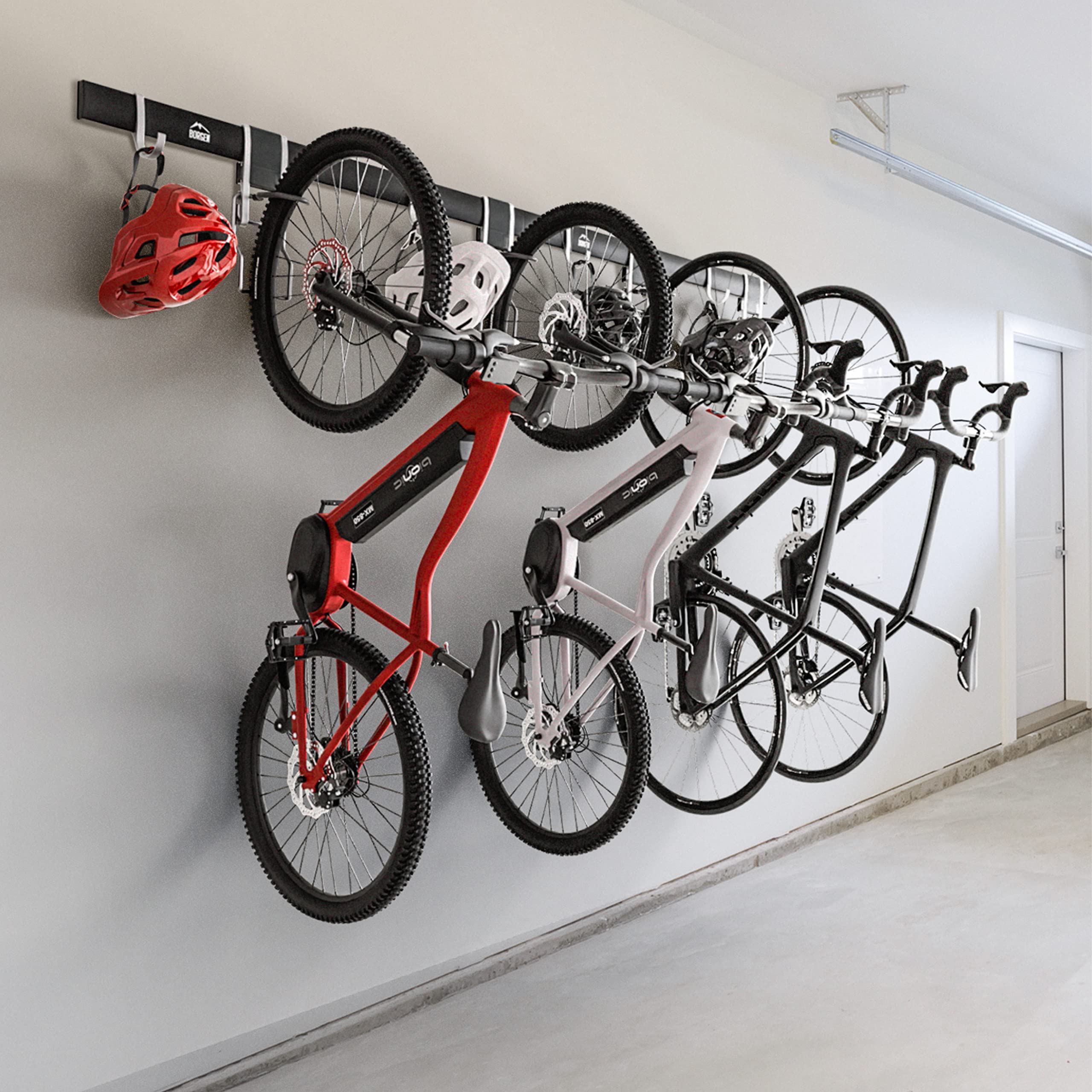 Borgen supporto bici da parete verticale, regolabile, per e-bike, MTB e bici da corsa, sospensione murale universale