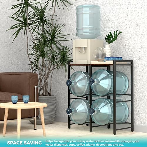 Miniatura 7 de Soporte para jarra de agua de 5 galones para 4 botellas con estante superior de madera marrón rústica, soporte para jarra de agua de 5 galones,